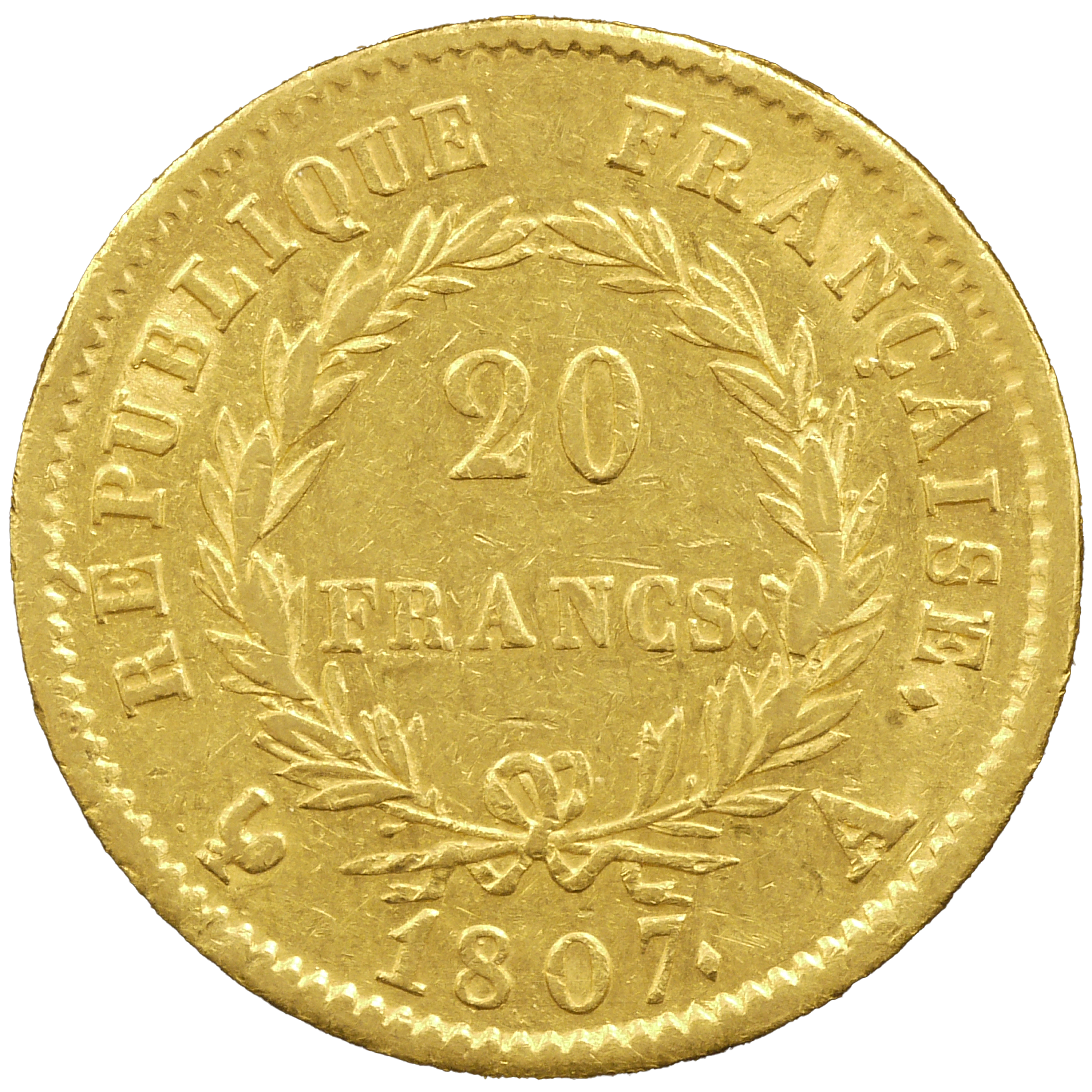 フランス 20フラン金貨 1807年 ナポレオン1世 無冠