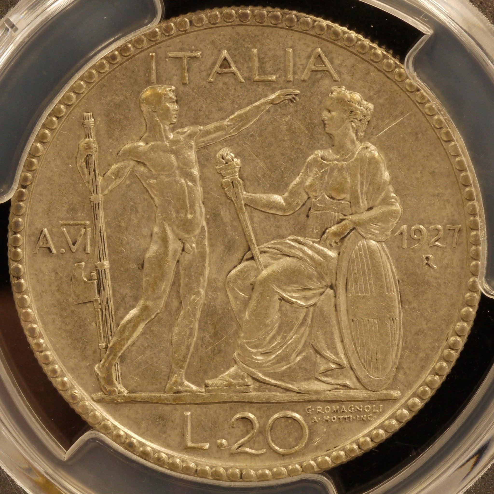 イタリア 20リレ銀貨 1927年 ウィットーリオ・エマヌエーレ3世 PCGS AU55 - NJ BUYER'S MARKETPLACE