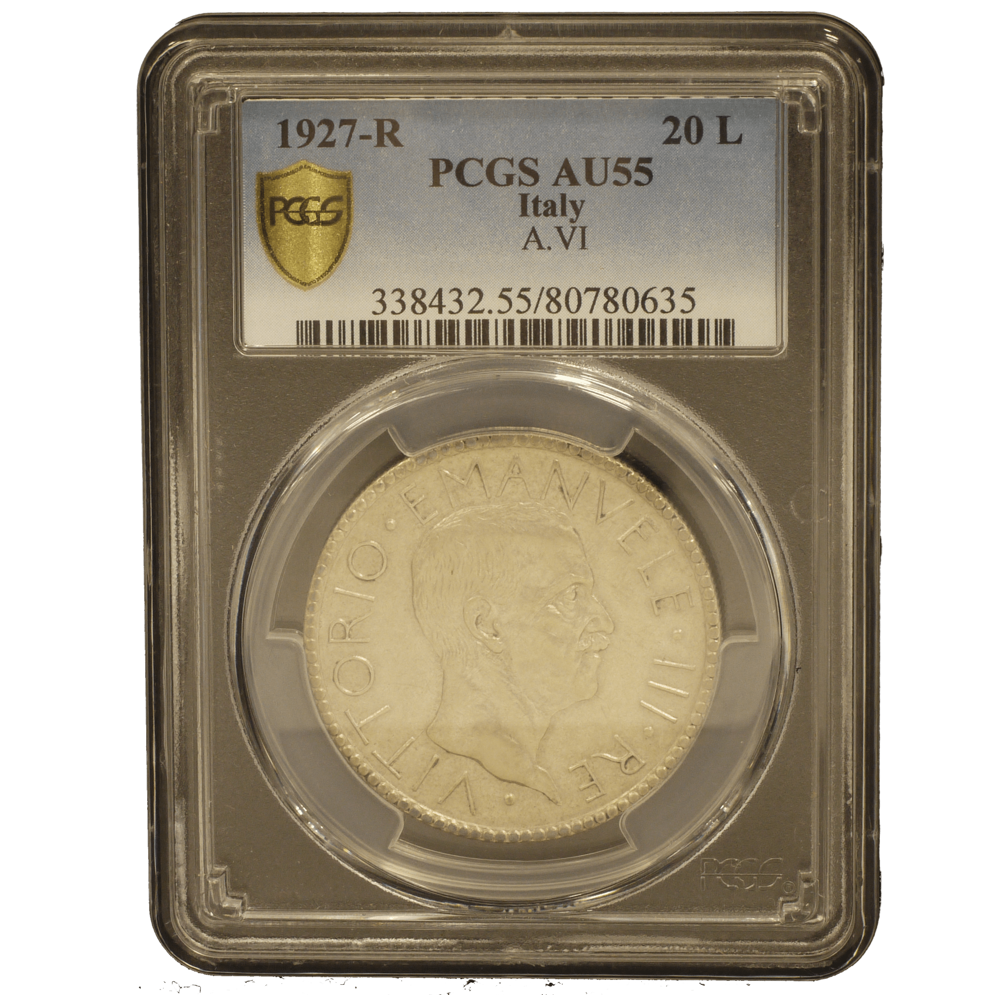 イタリア 20リレ銀貨 1927年 ウィットーリオ・エマヌエーレ3世 PCGS AU55 - NJ BUYER'S MARKETPLACE