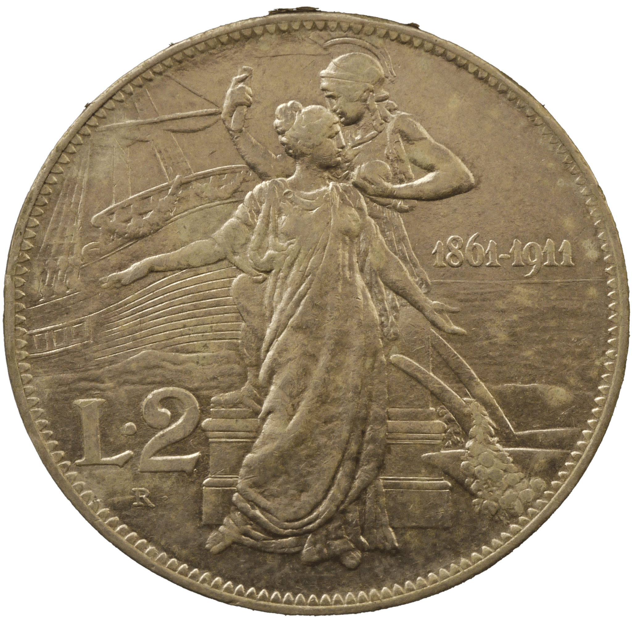 イタリア 2リレ銀貨 1911年 イタリア女神とミネルウァ女神 ローマ鋳 - NJ BUYER'S MARKETPLACE