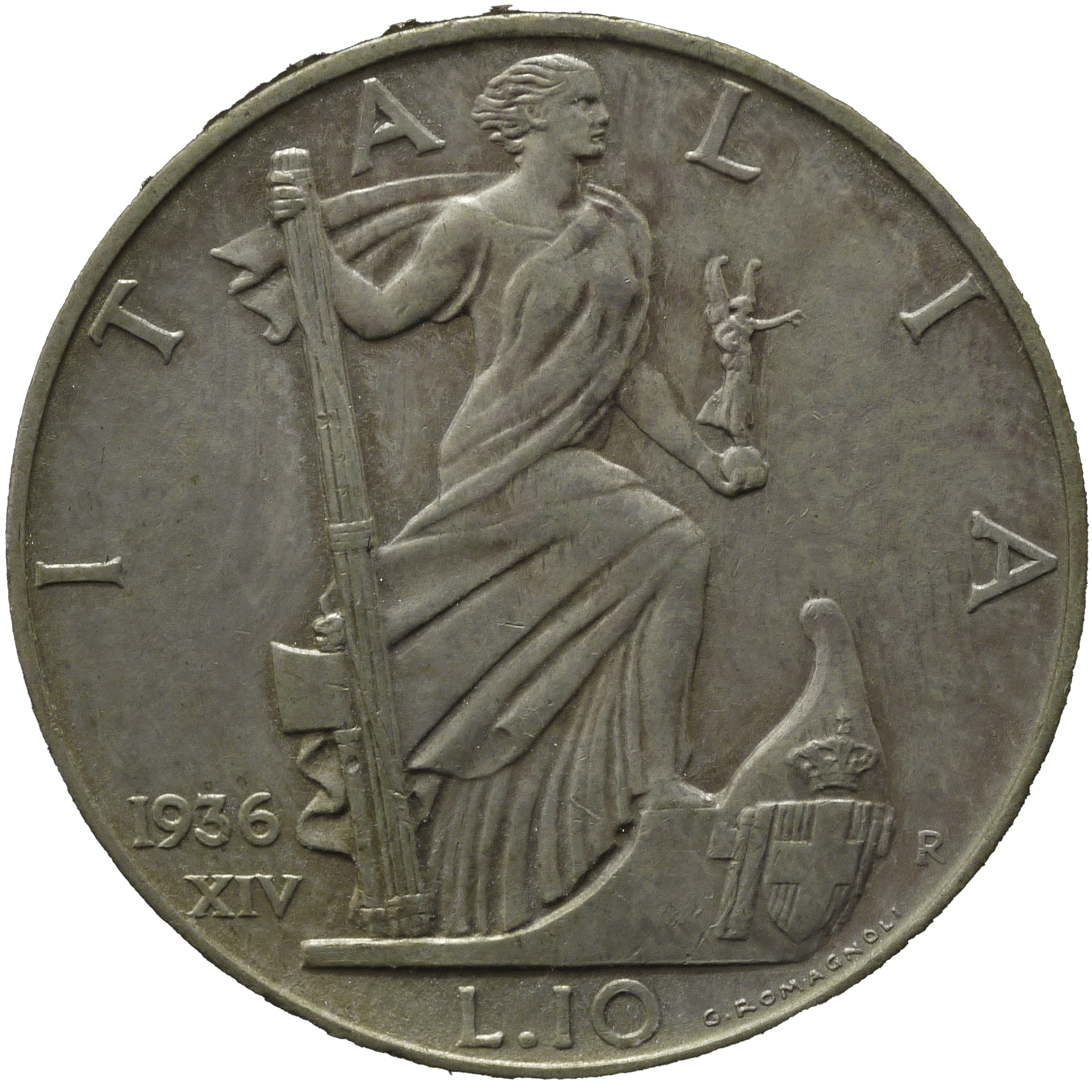 イタリア 10リレ銀貨 1936年 船首に立つイタリア女神 - NJ BUYER'S MARKETPLACE