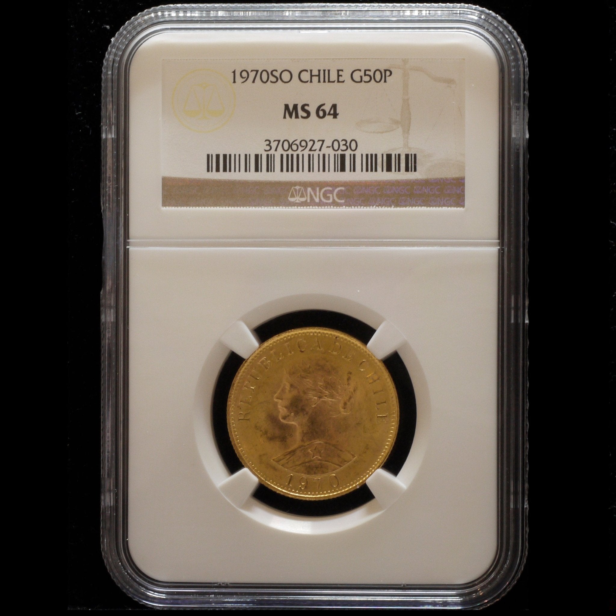 チリ 50ペソ金貨 1970年 チリの女性像 サンティアゴ鋳 NGC MS64 - NJ BUYER'S MARKETPLACE