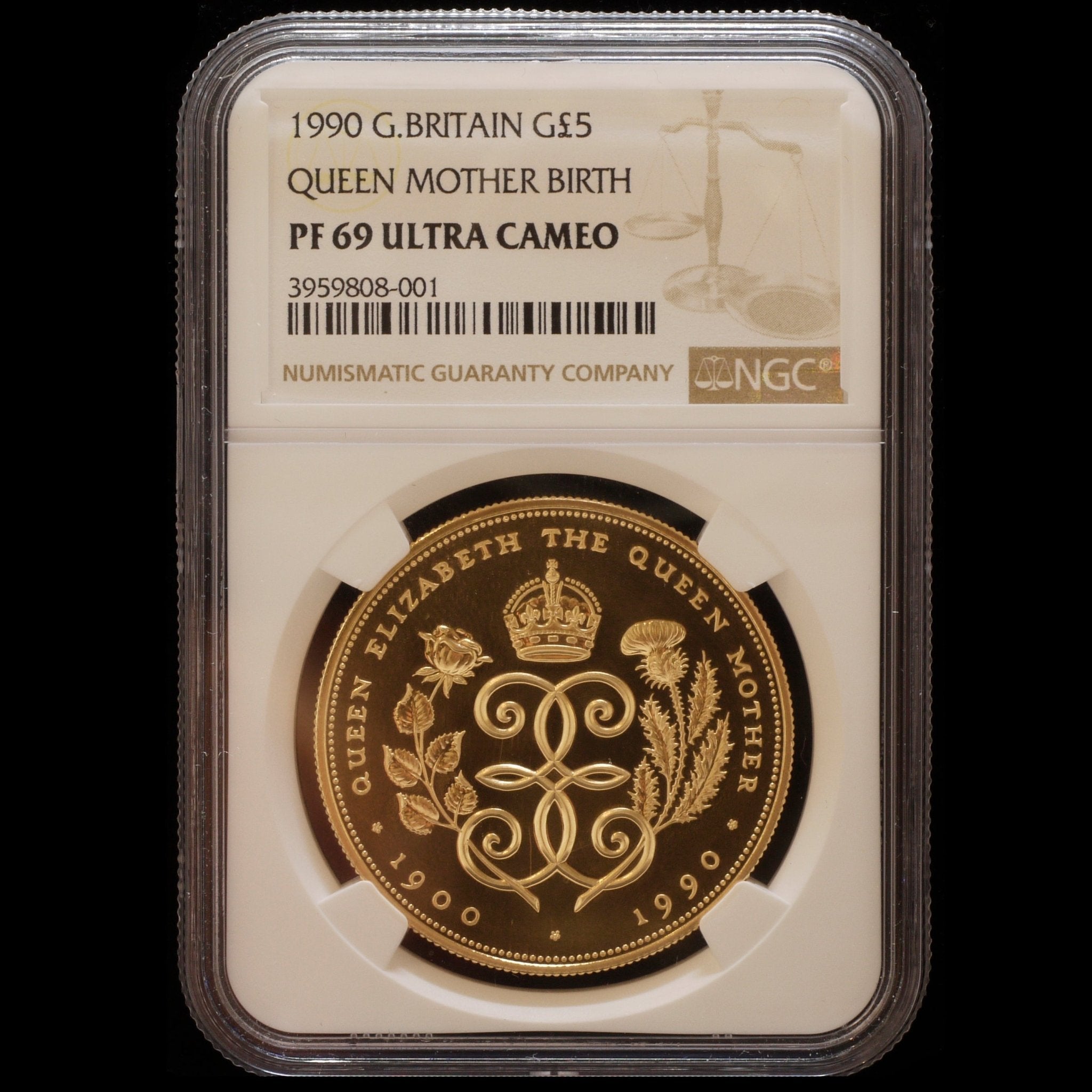 イギリス 5ポンド金貨 1990年 クイーンマザー生誕90周年 NGC PF69 ULTRA CAMEO - NJ BUYER'S MARKETPLACE