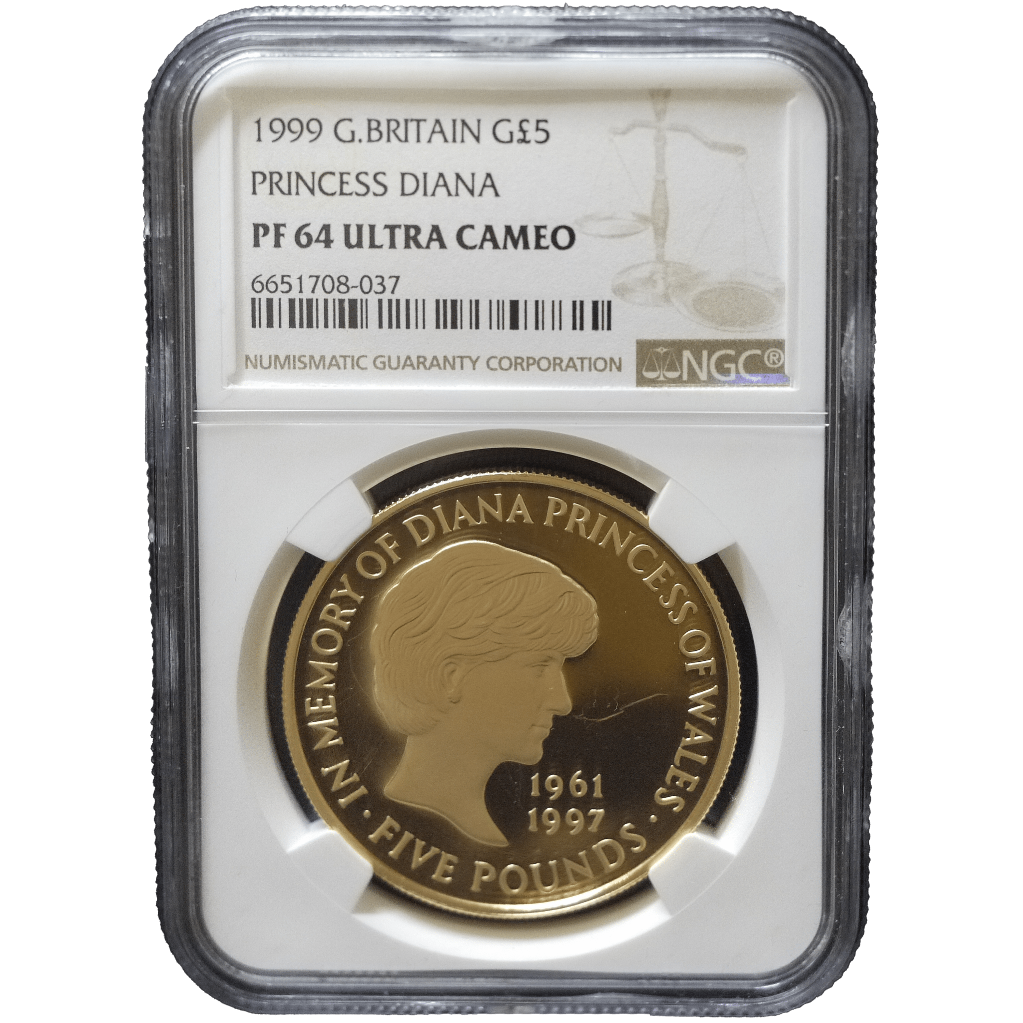 イギリス 5ポンド金貨 1999年 ダイアナ妃追悼 NGC PF64 ULTRA CAMEO - NJ BUYER'S MARKETPLACE