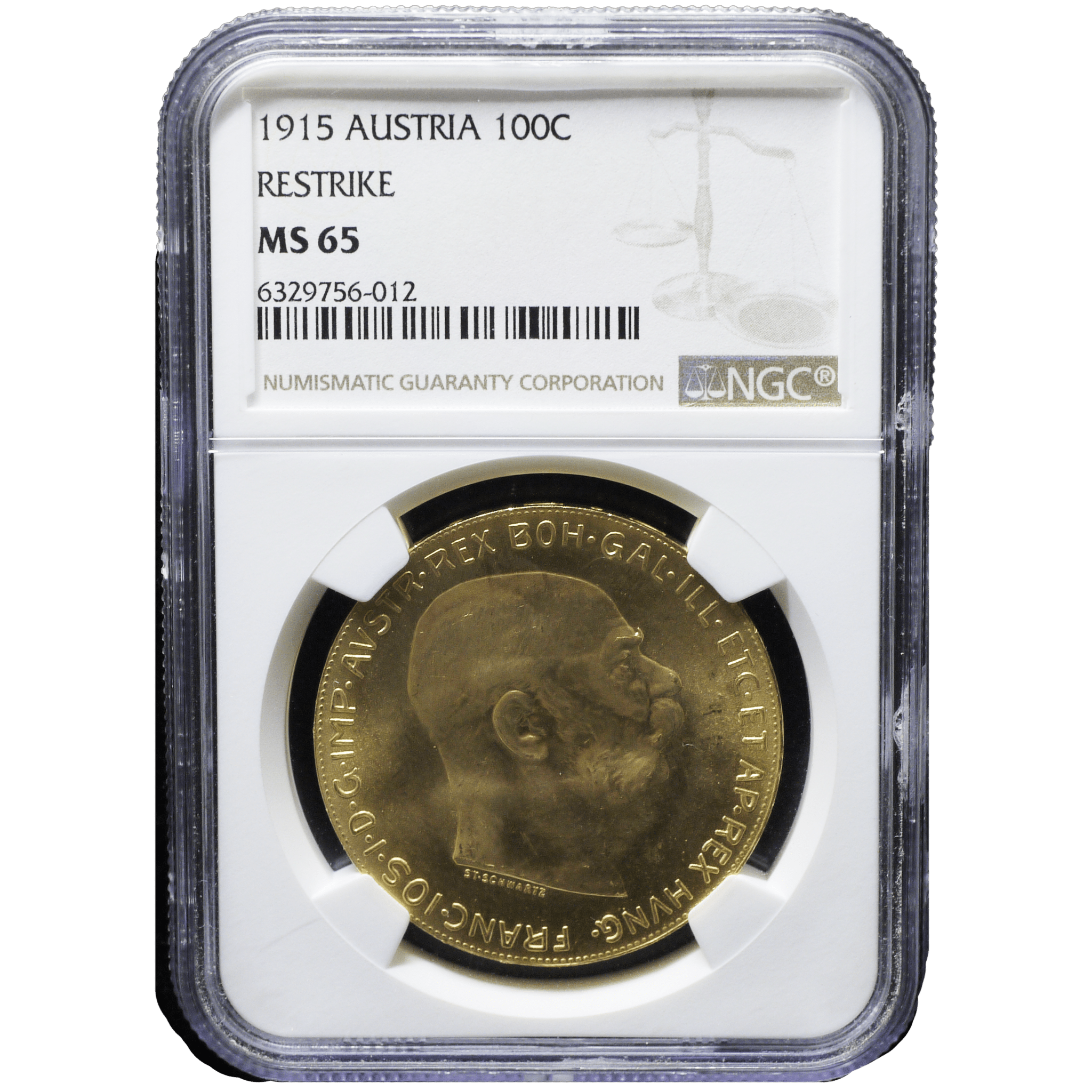 オーストラリア 100コロナ金貨 1915年銘 リストライク(再鋳貨)ウィーン鋳 フランツ・ヨーゼフ1世 NGC MS65 - NJ BUYER'S MARKETPLACE