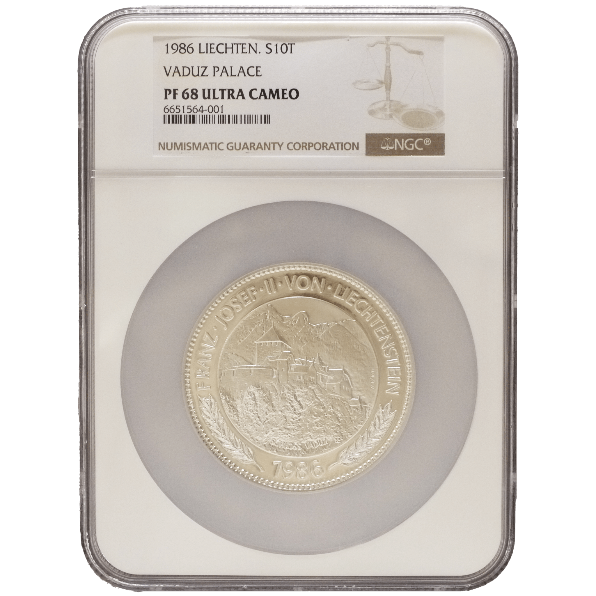 リヒテンシュタイン 10ターレル銀貨 1986年 ウィーン鋳 ファドゥーツ城 NGC PF68 UC - NJ BUYER'S MARKETPLACE