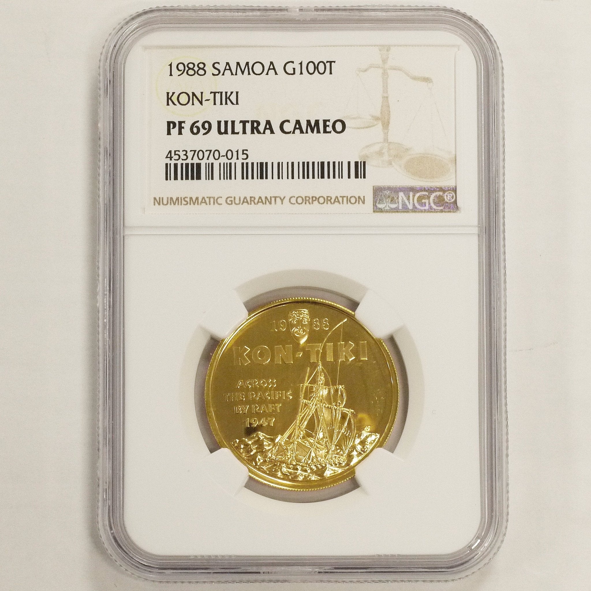 サモア 100タラー金貨 1988年 シンガポール鋳 コンティキ号 NGC PF69UC - NJ BUYER'S MARKETPLACE