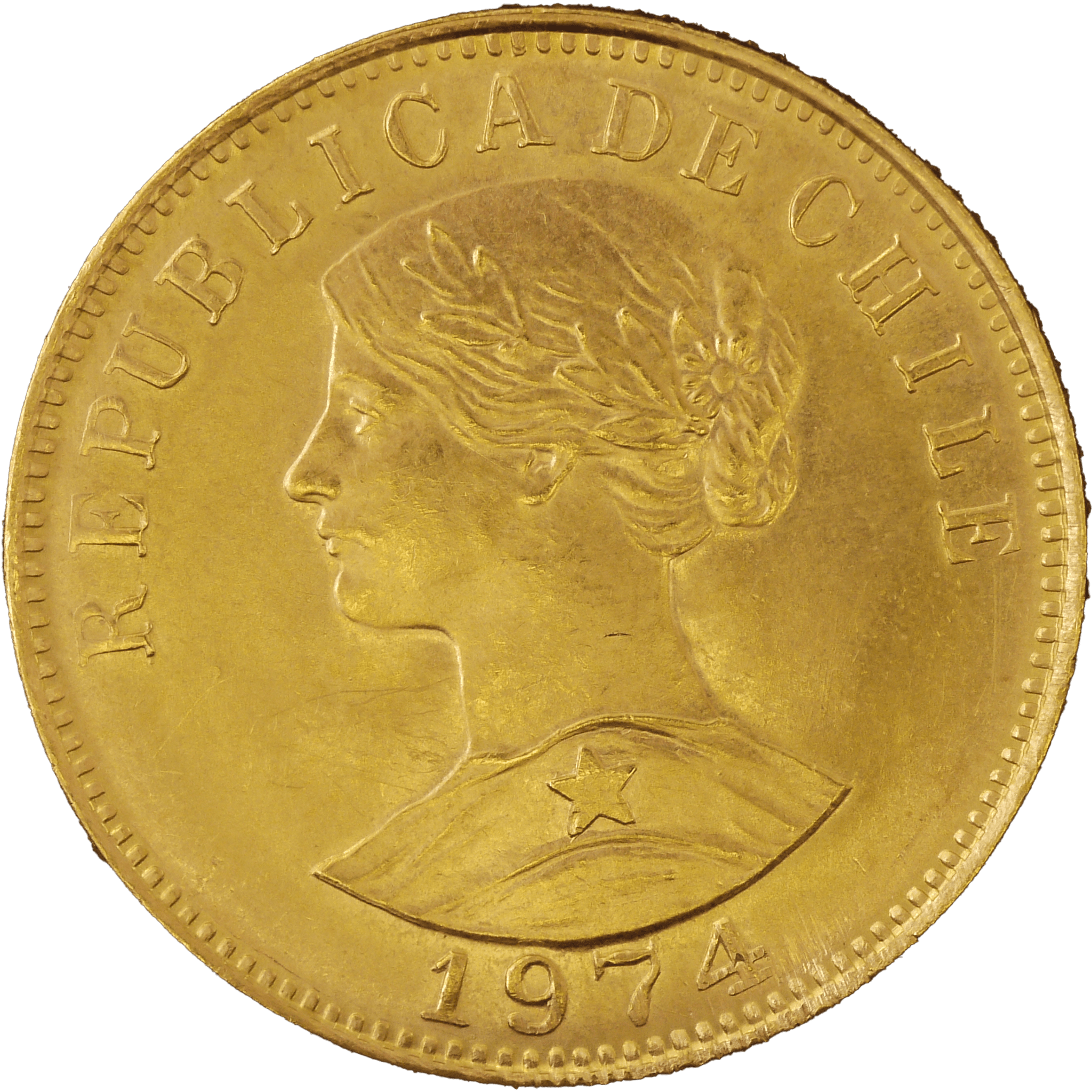 チリ 50ペソ金貨 1974年 サンディエゴ鋳 女性像 - NJ BUYER'S MARKETPLACE