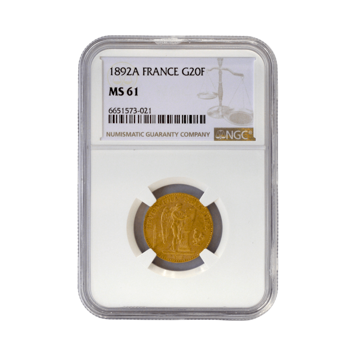 フランス 20フラン金貨 1892年 パリ鋳 法の天使 NGC MS61 中特年 - NJ BUYER'S MARKETPLACE