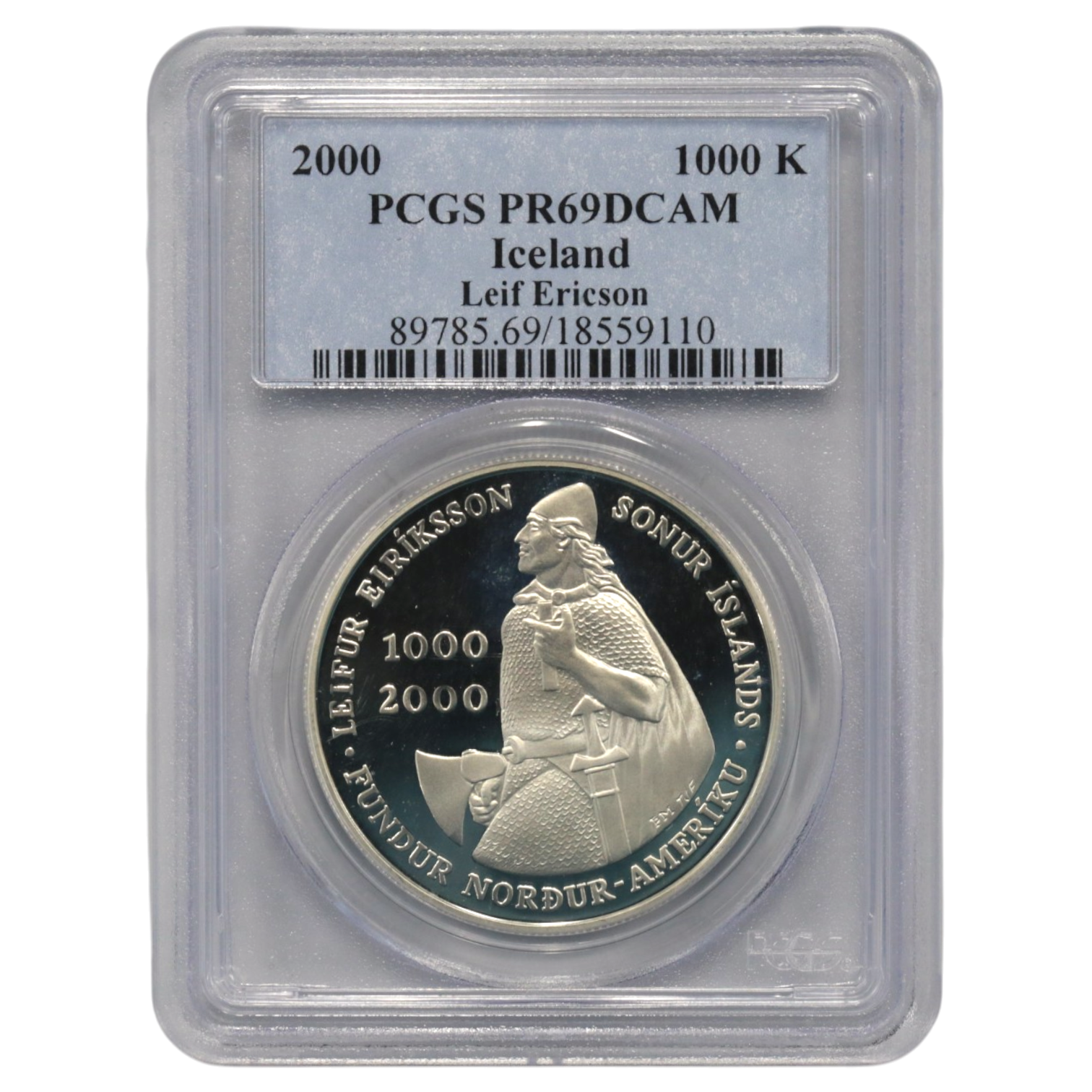 アイスランド 1000クローナ銀貨 2000年 フィラデルフィア鋳 探検家レイフ・エリクソン PCGS PR69DCAM
