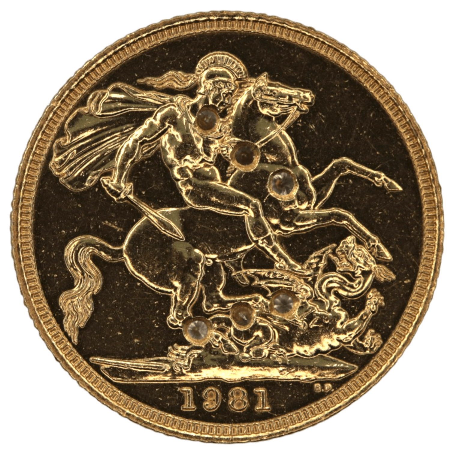 イギリス ソヴリン金貨 1981年 ロンドン鋳 エリザベス2世 聖ジョージの竜退治 メレダイヤ象嵌 - NJ BUYER'S MARKETPLACE