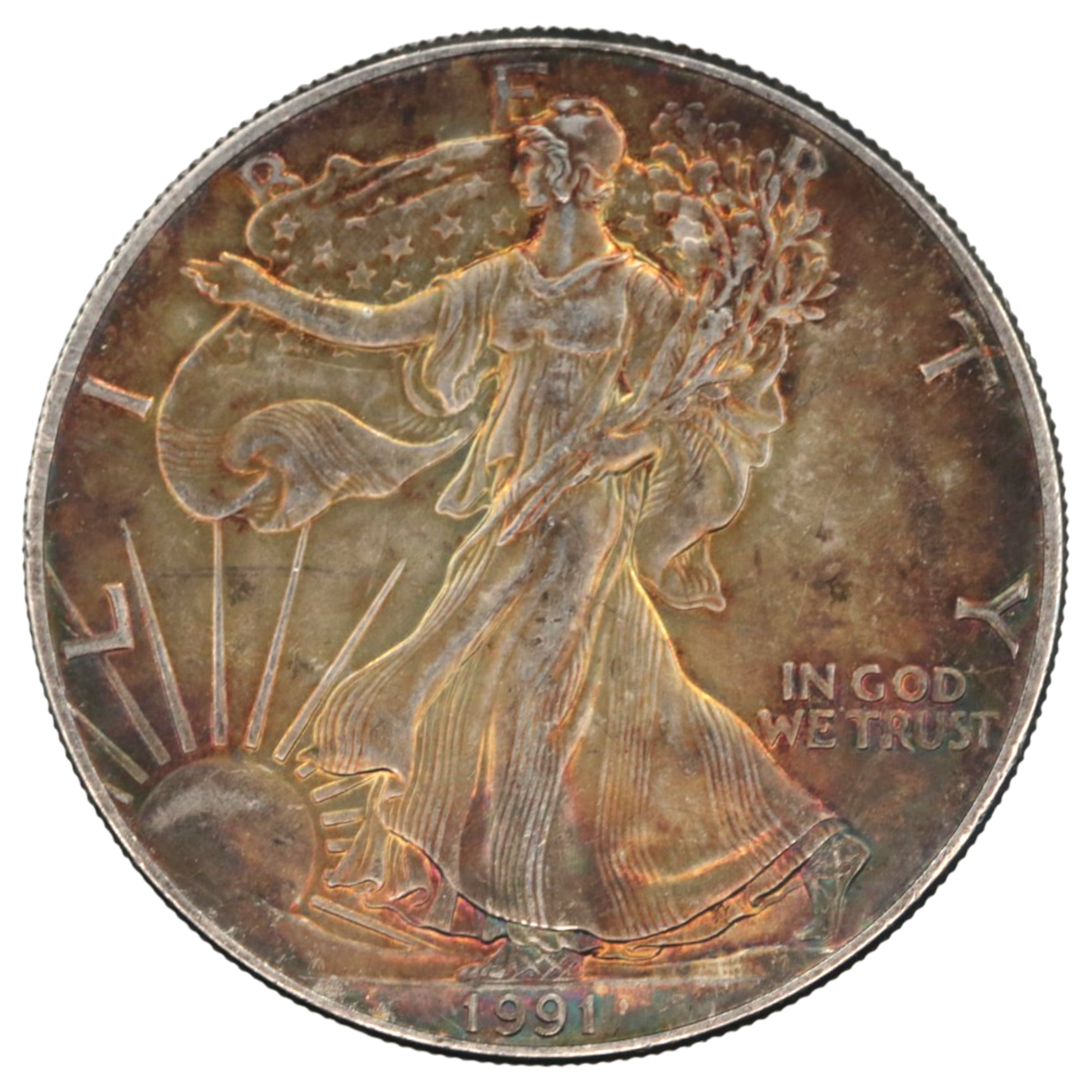アメリカ 1ドル銀貨 1991年 リバティ イーグル レインボートーン