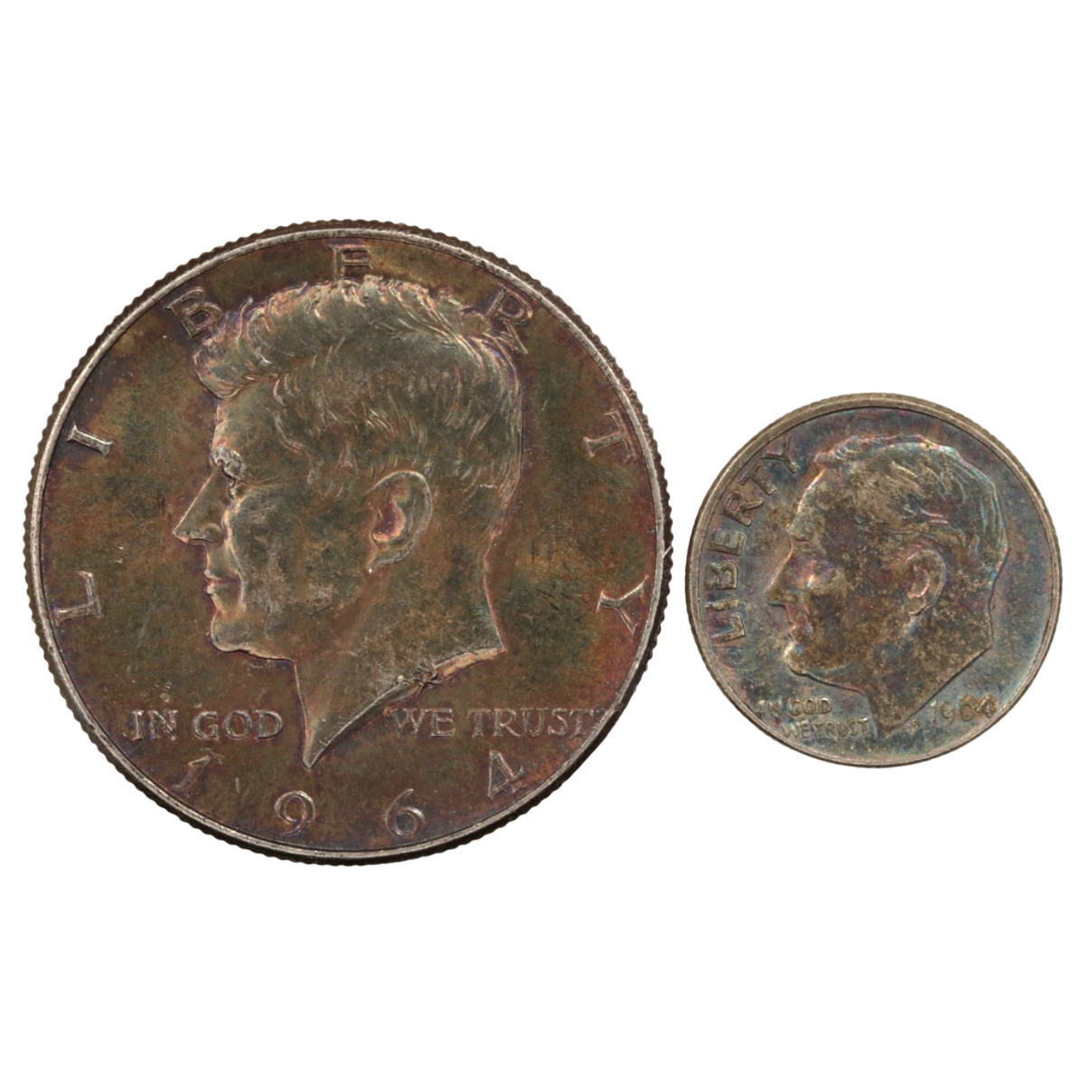 アメリカ 1/2ドル銀貨&ダイム銀貨 2枚セット ケネディ ルーズベルト レインボートーン - NJ BUYER'S MARKETPLACE