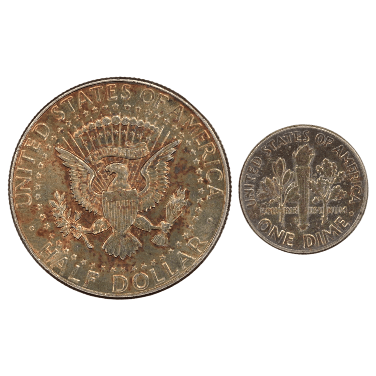 アメリカ 1/2ドル銀貨&ダイム銀貨 2枚セット ケネディ ルーズベルト レインボートーン - NJ BUYER'S MARKETPLACE