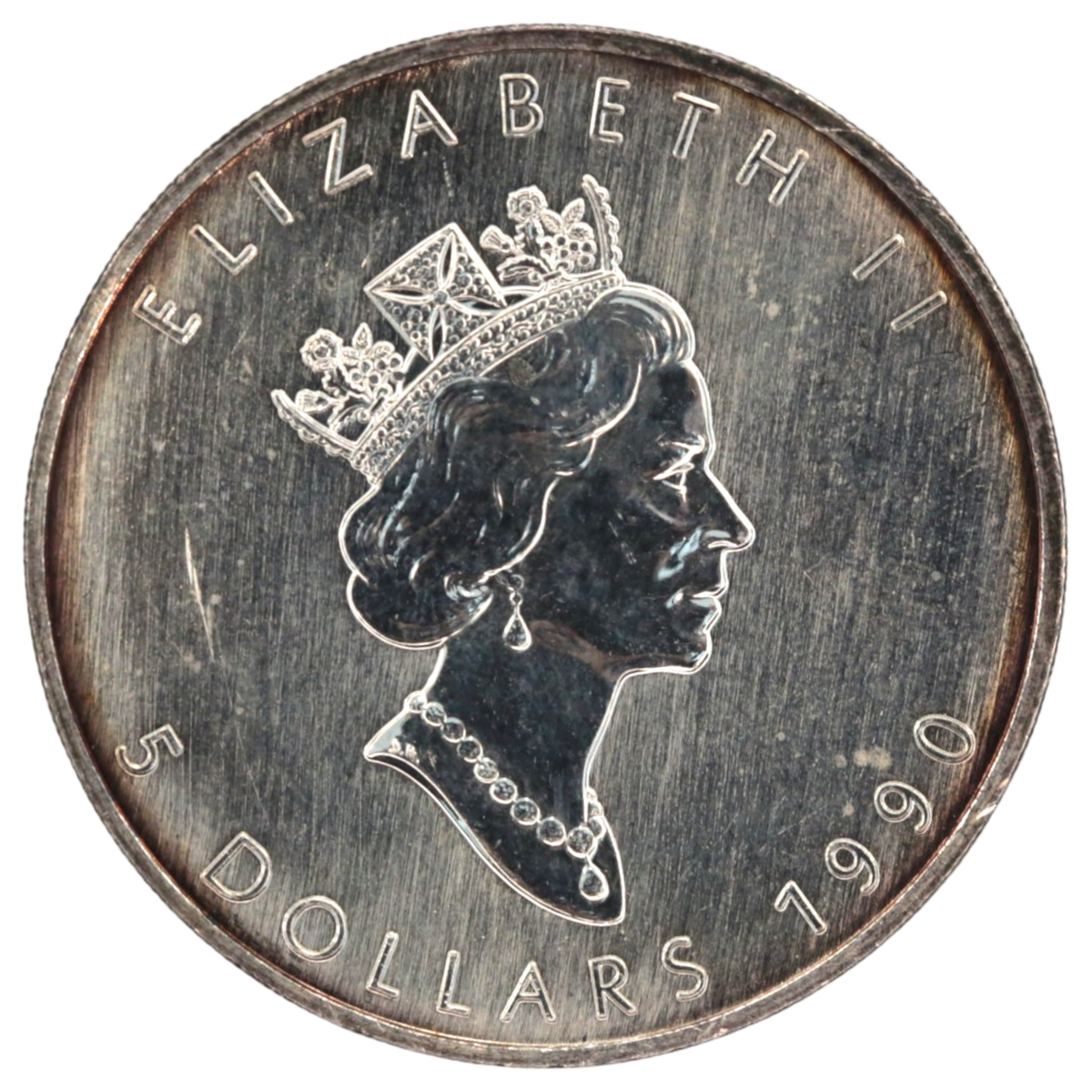カナダ 5ドル銀貨 1990年 オタワ鋳 メイプルリーフ エリザベス2世 レインボートーン - NJ BUYER'S MARKETPLACE