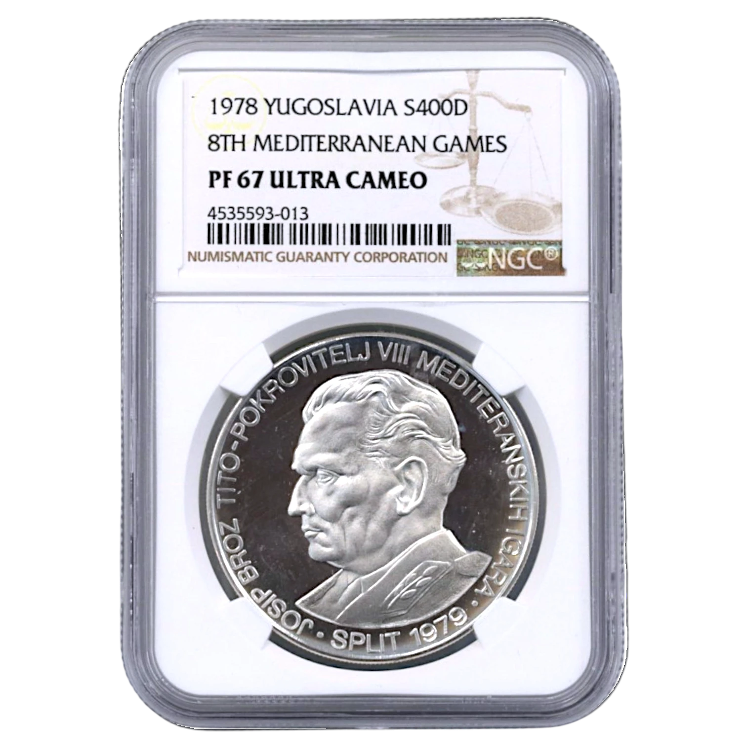 ユーゴスラヴィア 400ディナーラ銀貨 1978年 マイダンペク鋳 第8回地中海競技大会 NGC PF67UC