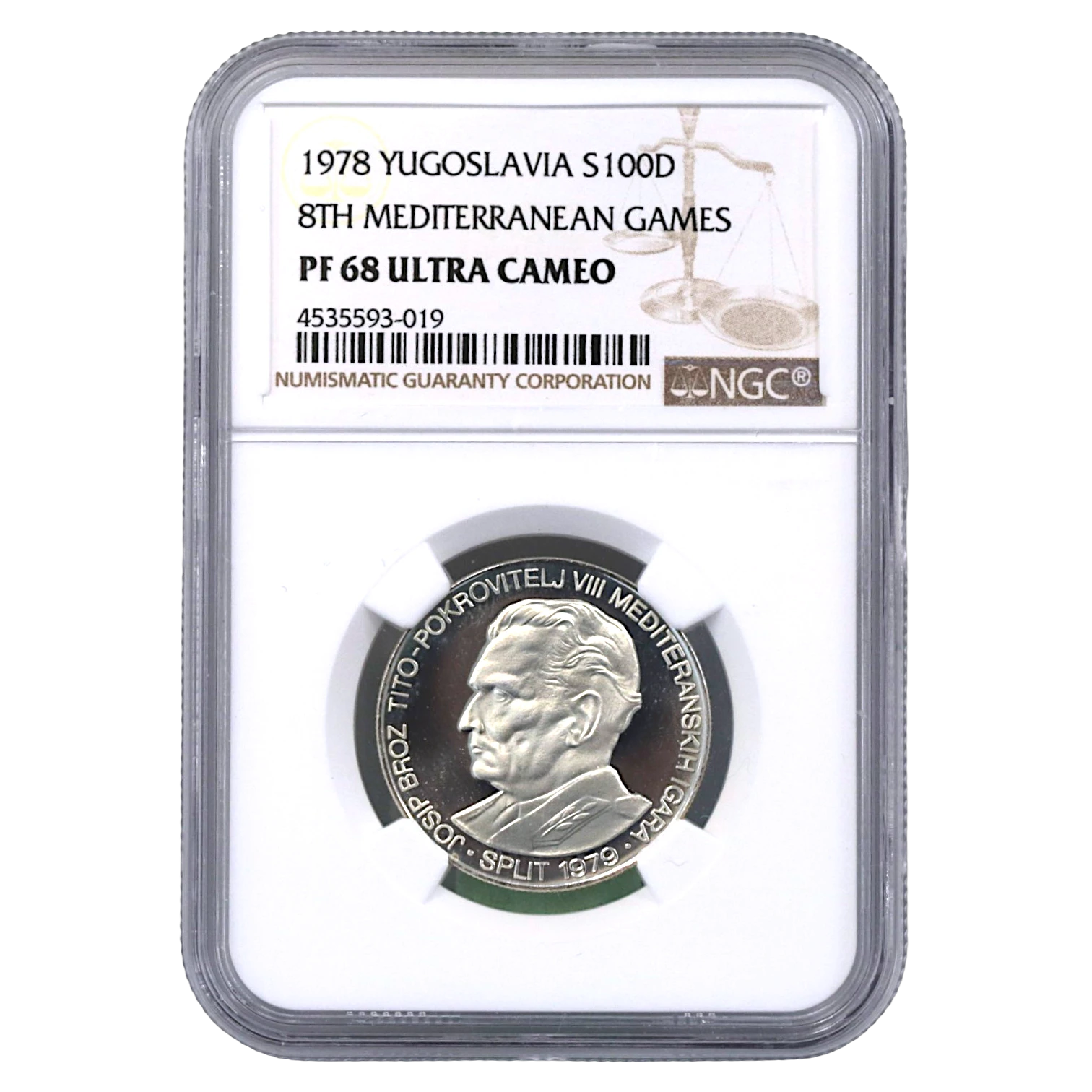ユーゴスラヴィア 100ディナーラ銀貨 1978年 マイダンペク鋳 第8回地中海競技大会 NGC PF68UC