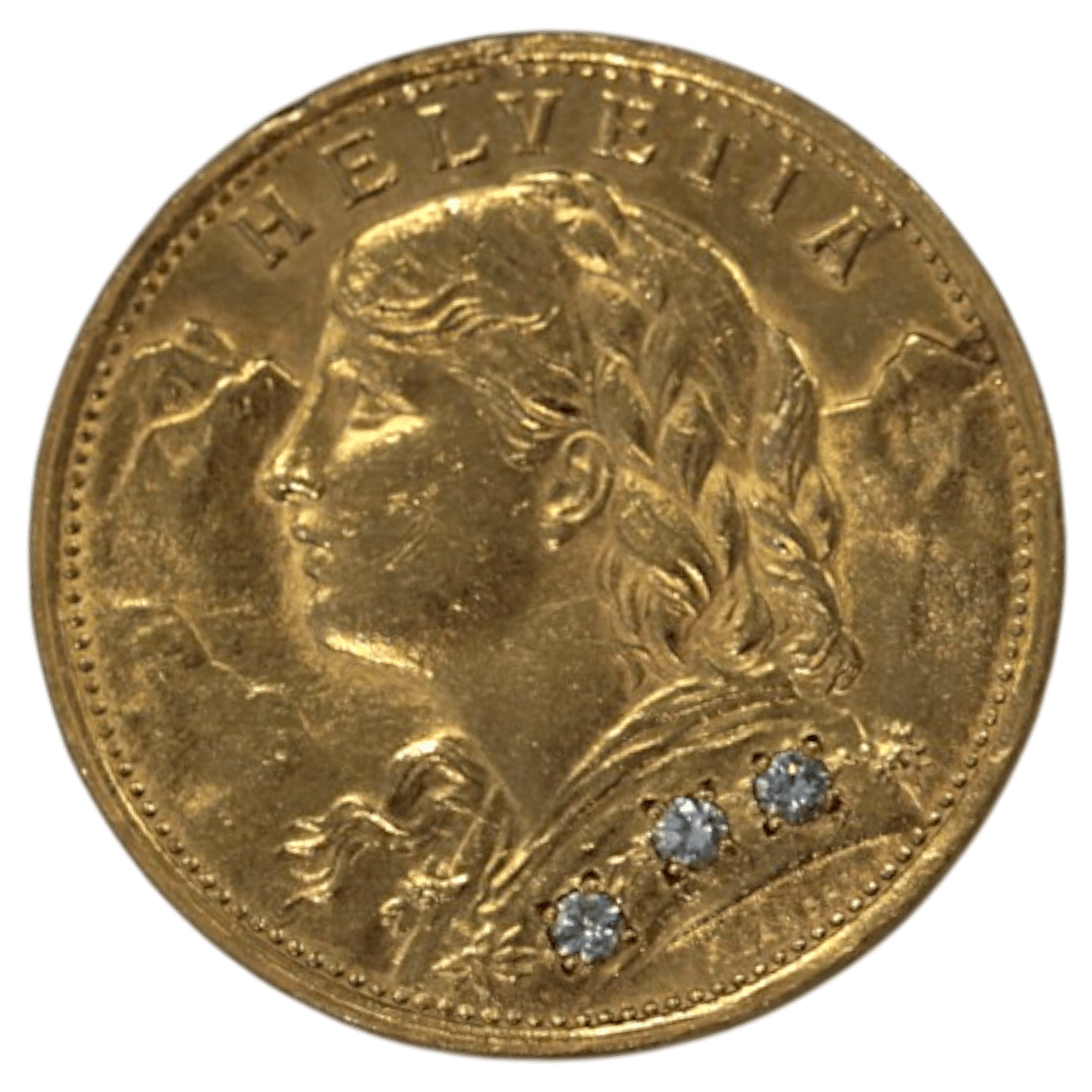 スイス 20フラン金貨 1922年 ベルン鋳 ヘルヴェティア メレダイヤ象嵌加工 - NJ BUYER'S MARKETPLACE