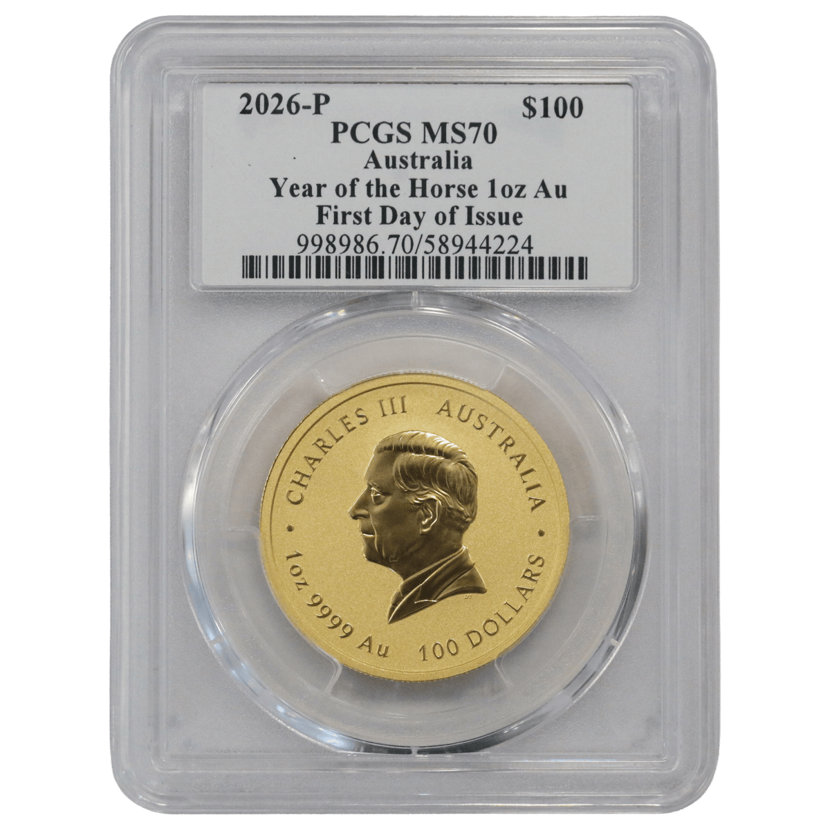 オーストラリア 100ドル金貨 2026年 干支 午年 PCGS MS70 First Day Issue - NJ BUYER'S MARKETPLACE