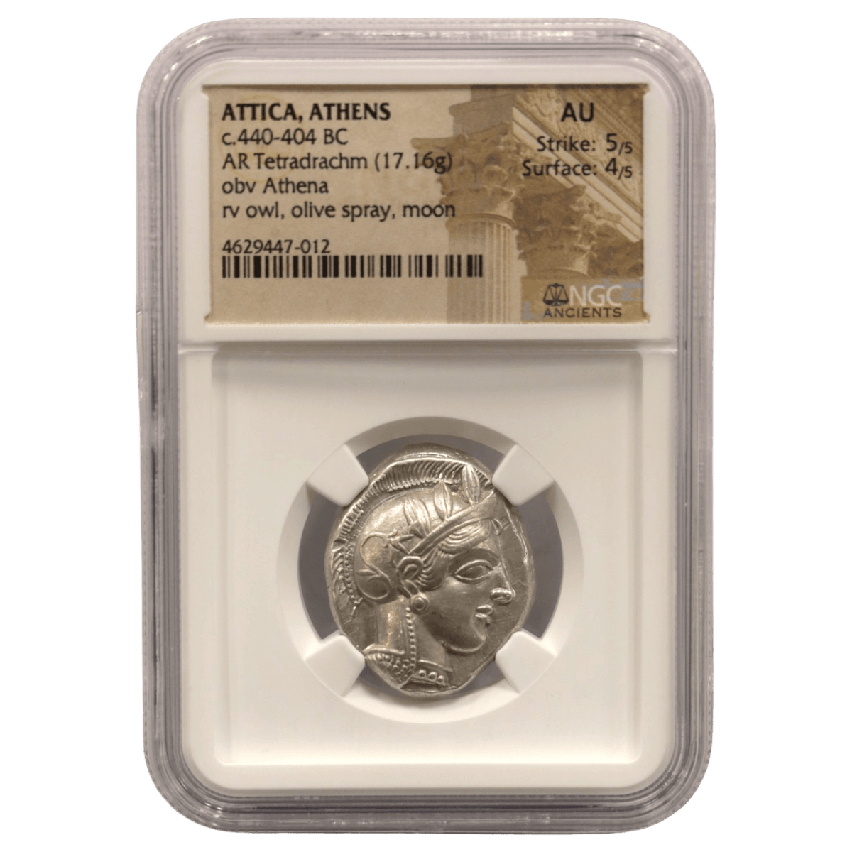 アテナイ テトラドラクマ銀貨 前440~前404年頃 コキンメフクロウ NGC AU 5/5 4/5 - NJ BUYER'S MARKETPLACE