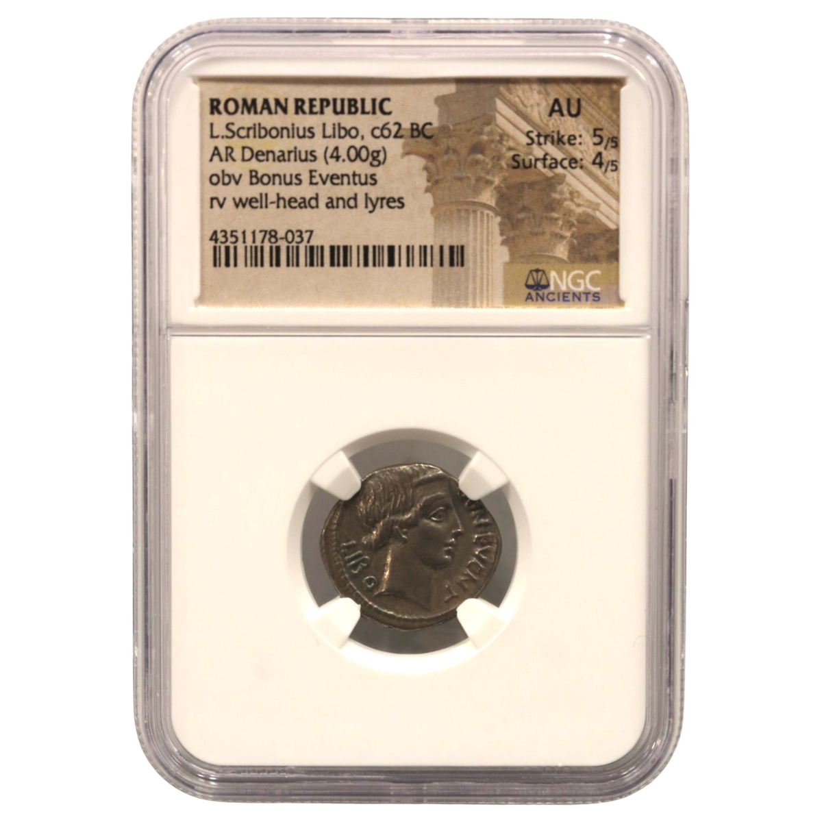 ローマ デナリウス銀貨 前62年頃 ボヌス・エウェントゥス NGC AU 5/5 4/5