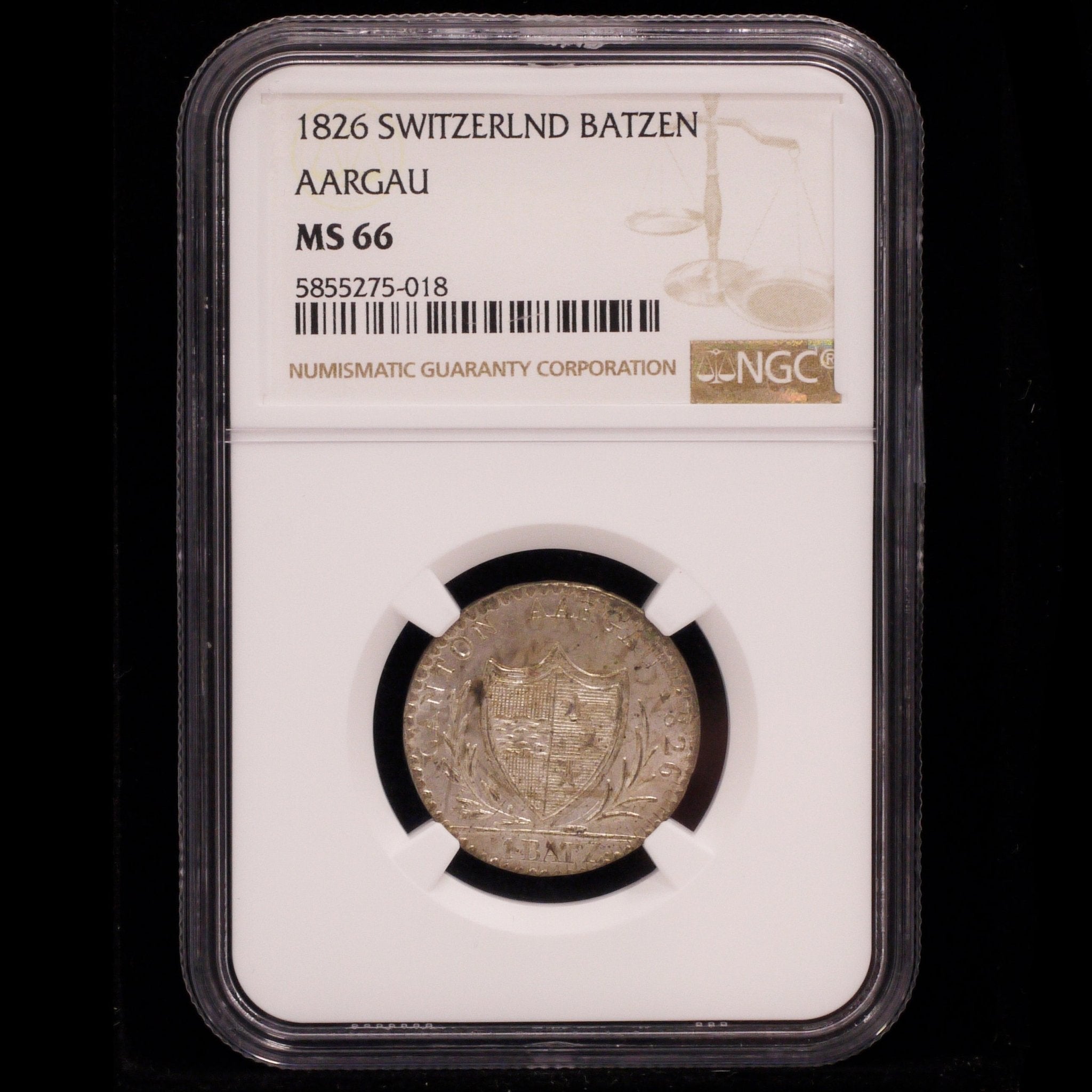 スイス 1バッツェン銀貨 1826年 アアルガル盾紋章 NGC MS66 - NJ BUYER'S MARKETPLACE