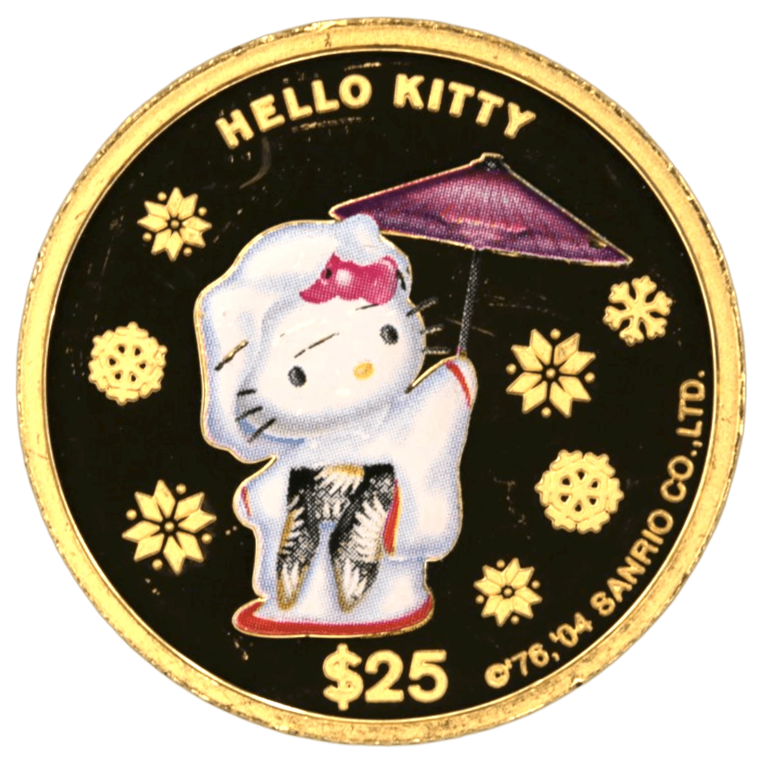NJ BUYER'S MARKETPLACEの2004年クック島ハローキティ25ドル金貨。着物姿で傘を差したキティが描かれた記念コイン