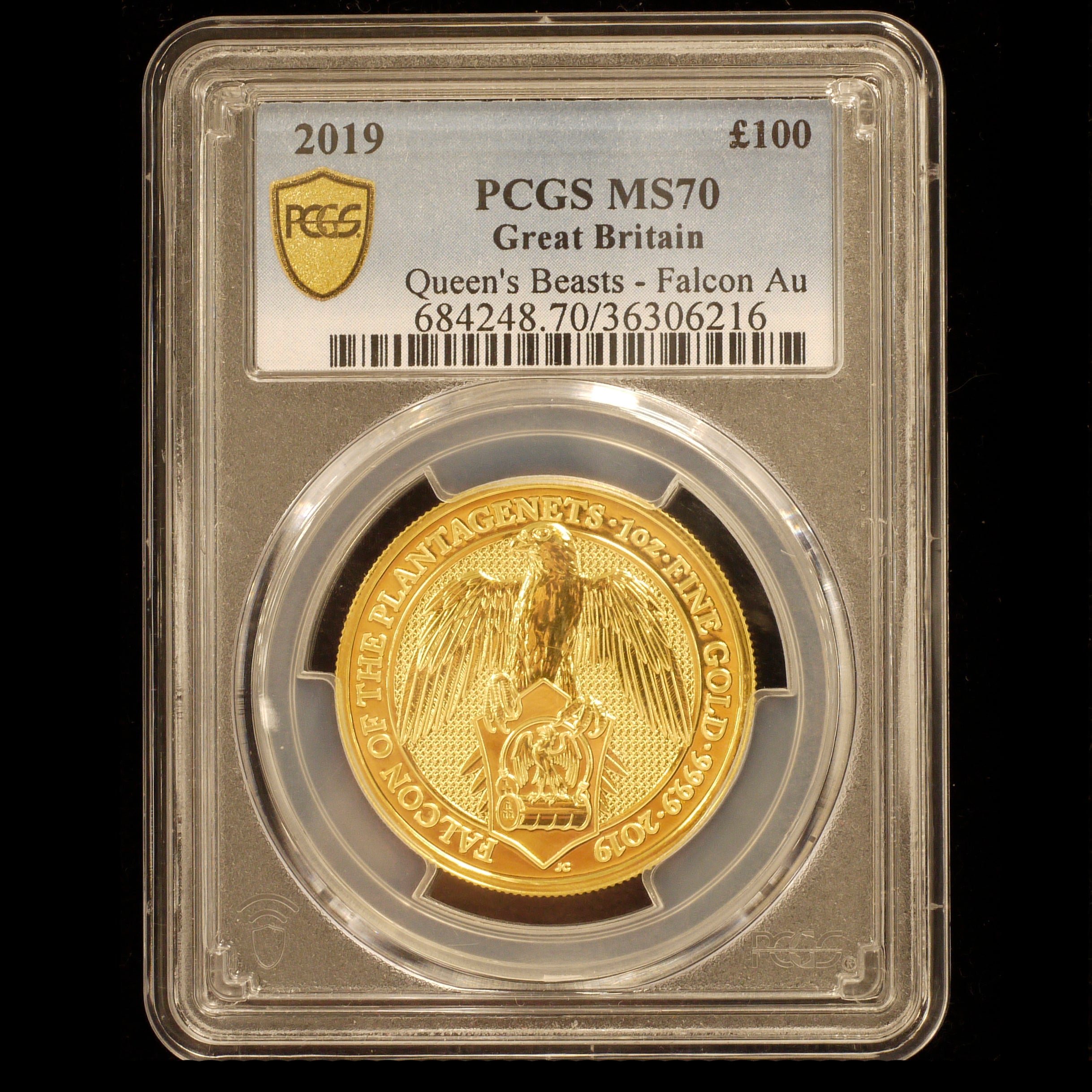 イギリス 100ポンド金貨 2019年 ファルコン PCGS MS70 最高鑑定