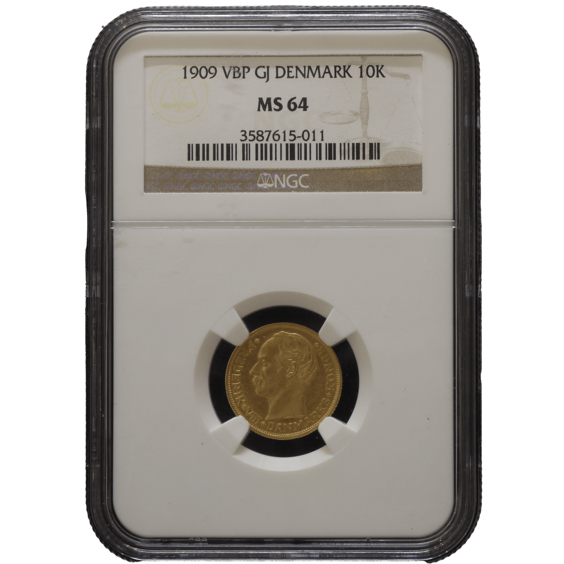 デンマーク 10クローネル金貨 1909年 NGC MS64 フレデリック8世