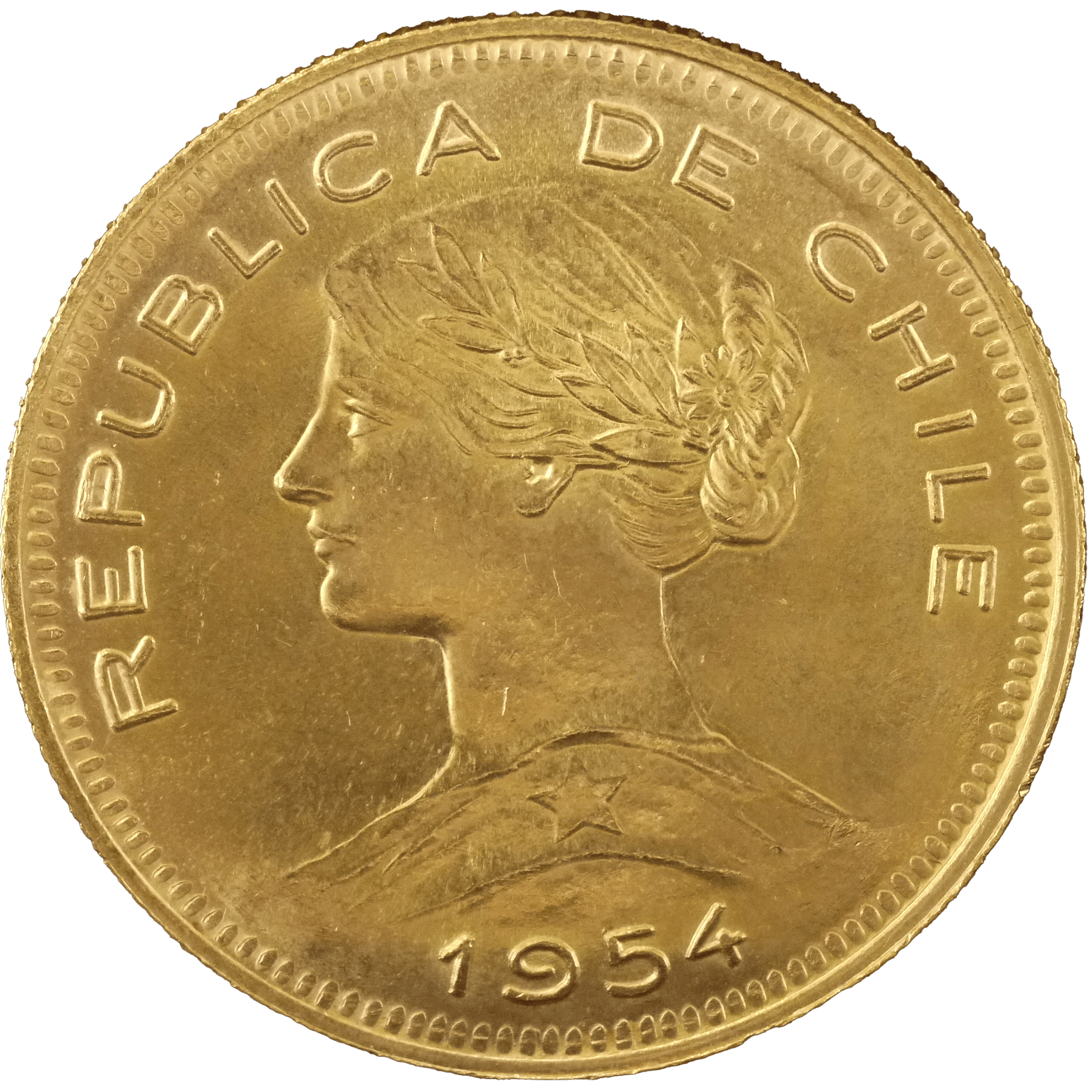 チリ 100ペソ金貨 1954年 チリの女性像 サンディアゴ鋳 - NJ BUYER'S MARKETPLACE