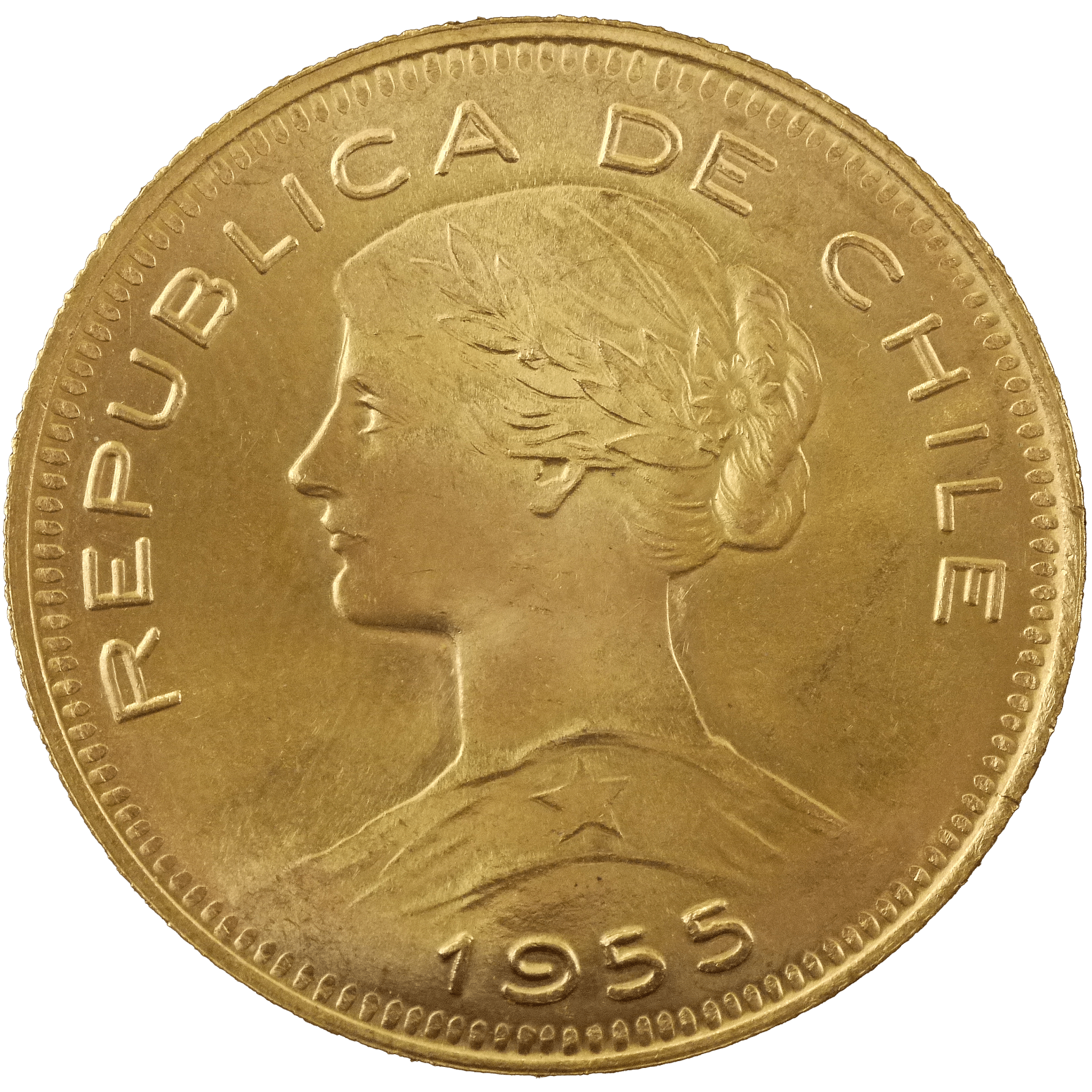 チリ 100ペソ金貨 1955年 チリの女性像 サンディアゴ鋳 - NJ BUYER'S MARKETPLACE