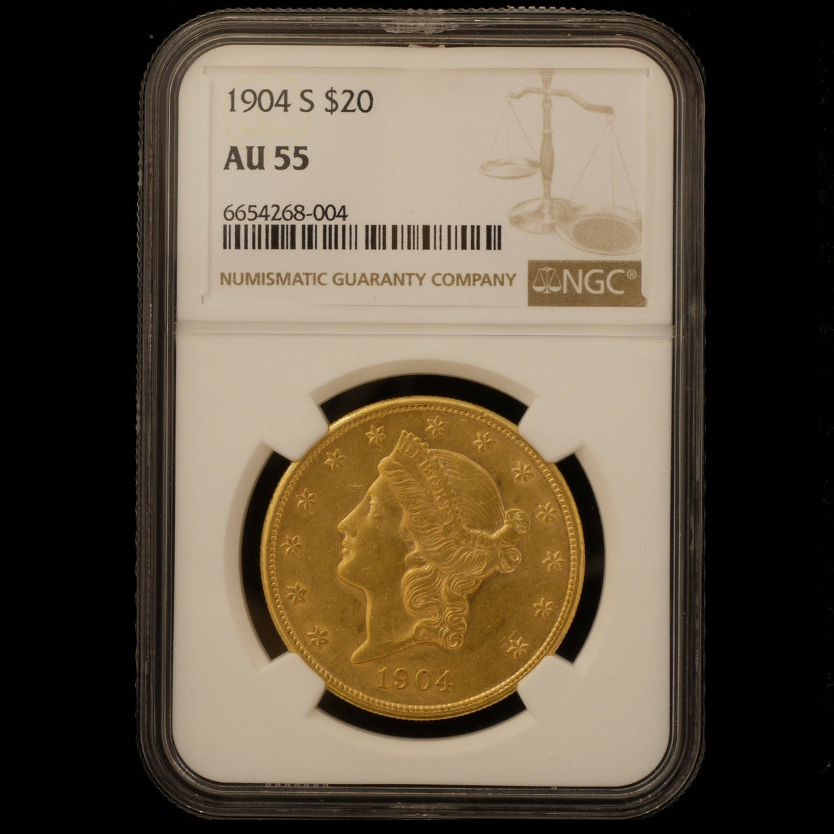 アメリカ 20ドル金貨 1904年 リバティ サンフランシスコ鋳 NGC AU55 