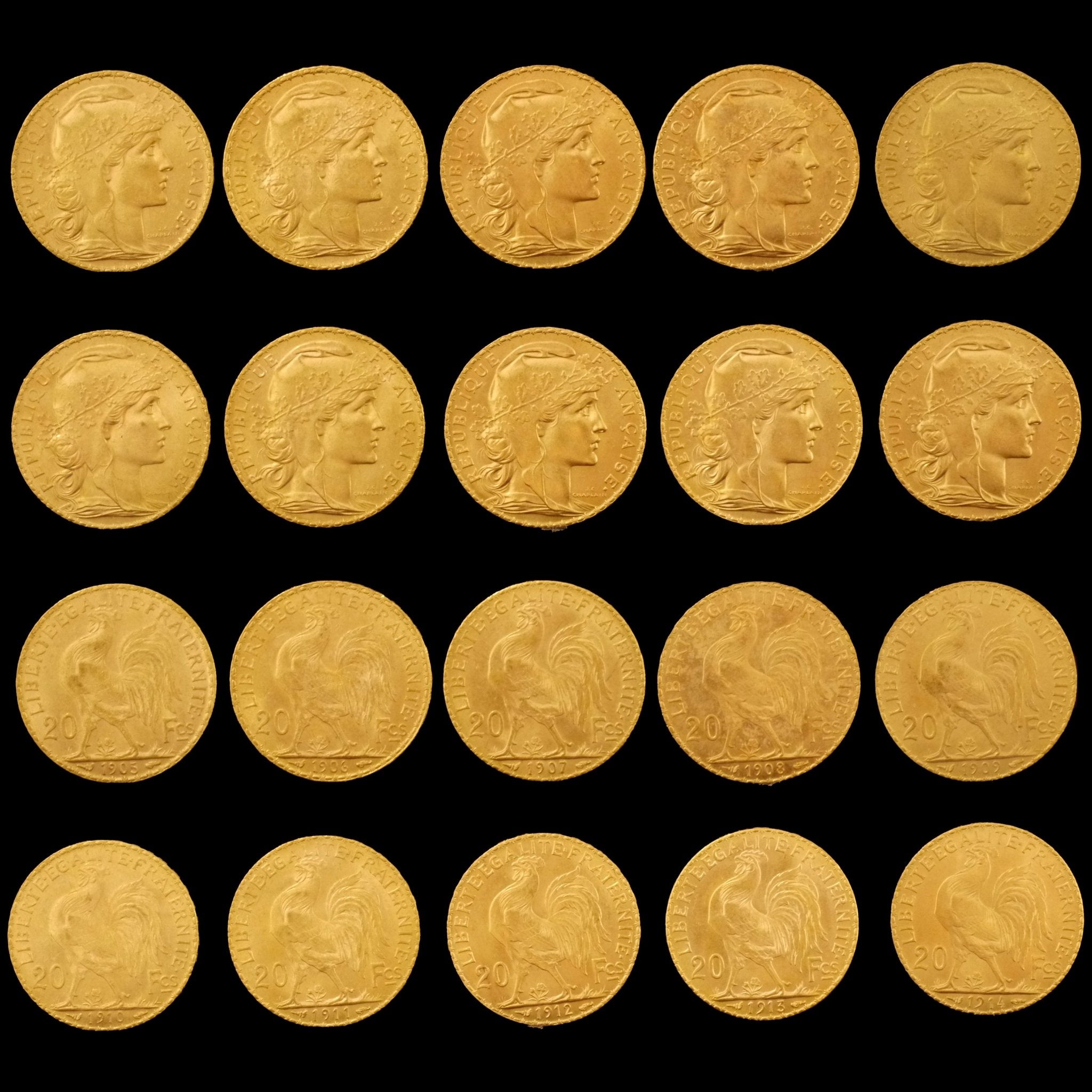 フランス 20フラン金貨 10枚セット 1905～1914年 ルースター パリ鋳 - NJ BUYER'S MARKETPLACE