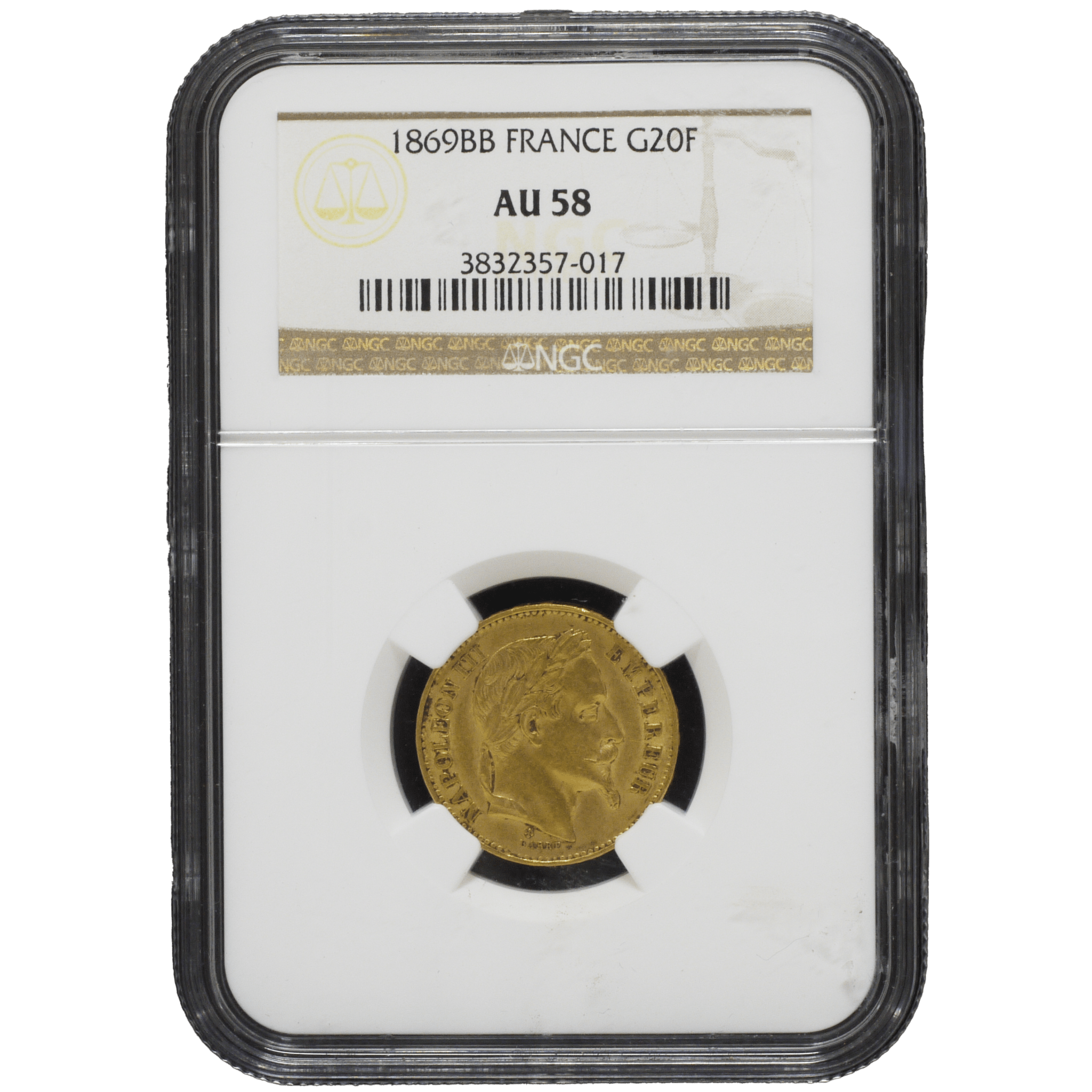 フランス 20フラン金貨 1869年 ストラスブール鋳 ナポレオン3世 NGC AU58 - NJ BUYER'S MARKETPLACE