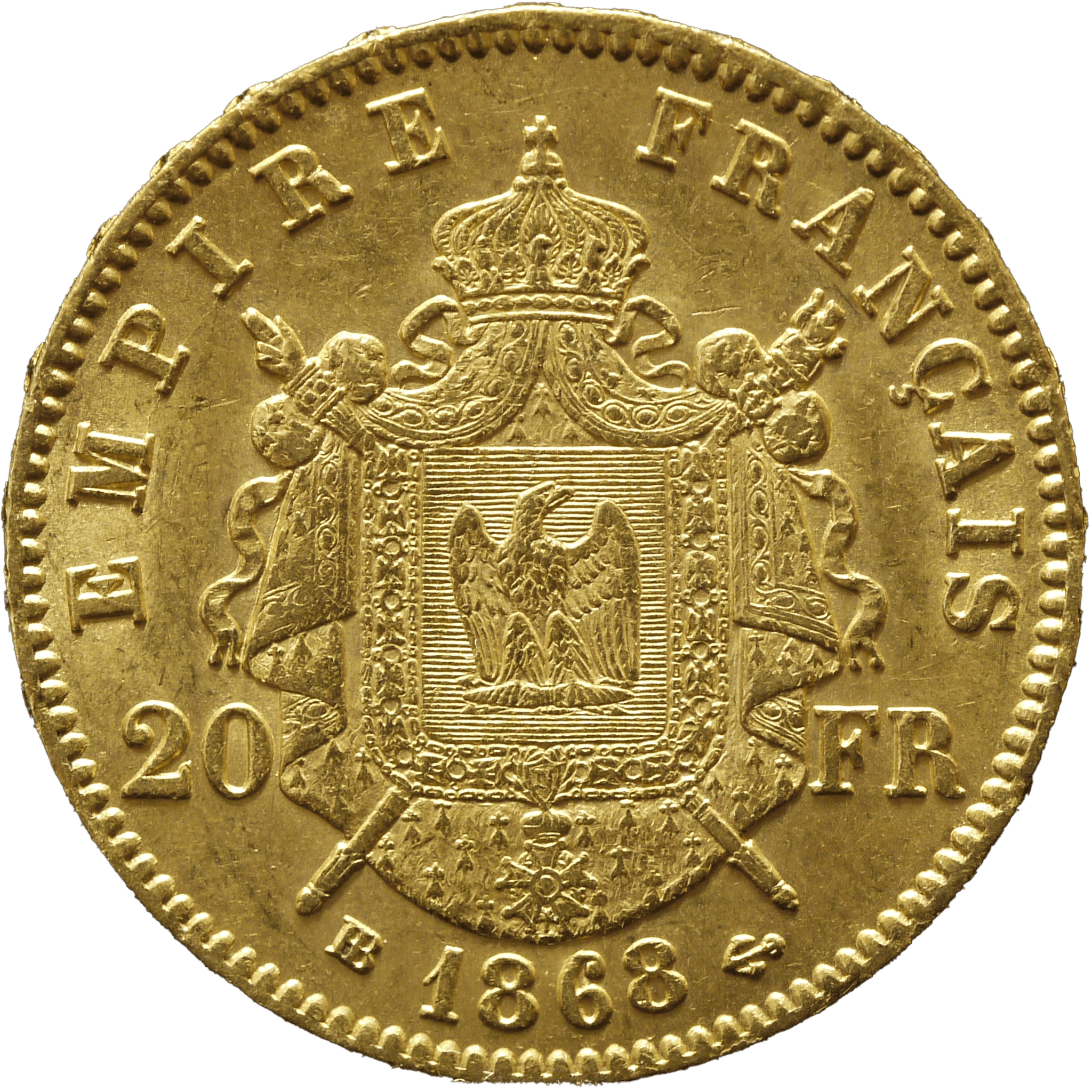 フランス 20フラン金貨 1868年 ストラスブール鋳 ナポレオン3世 有冠 