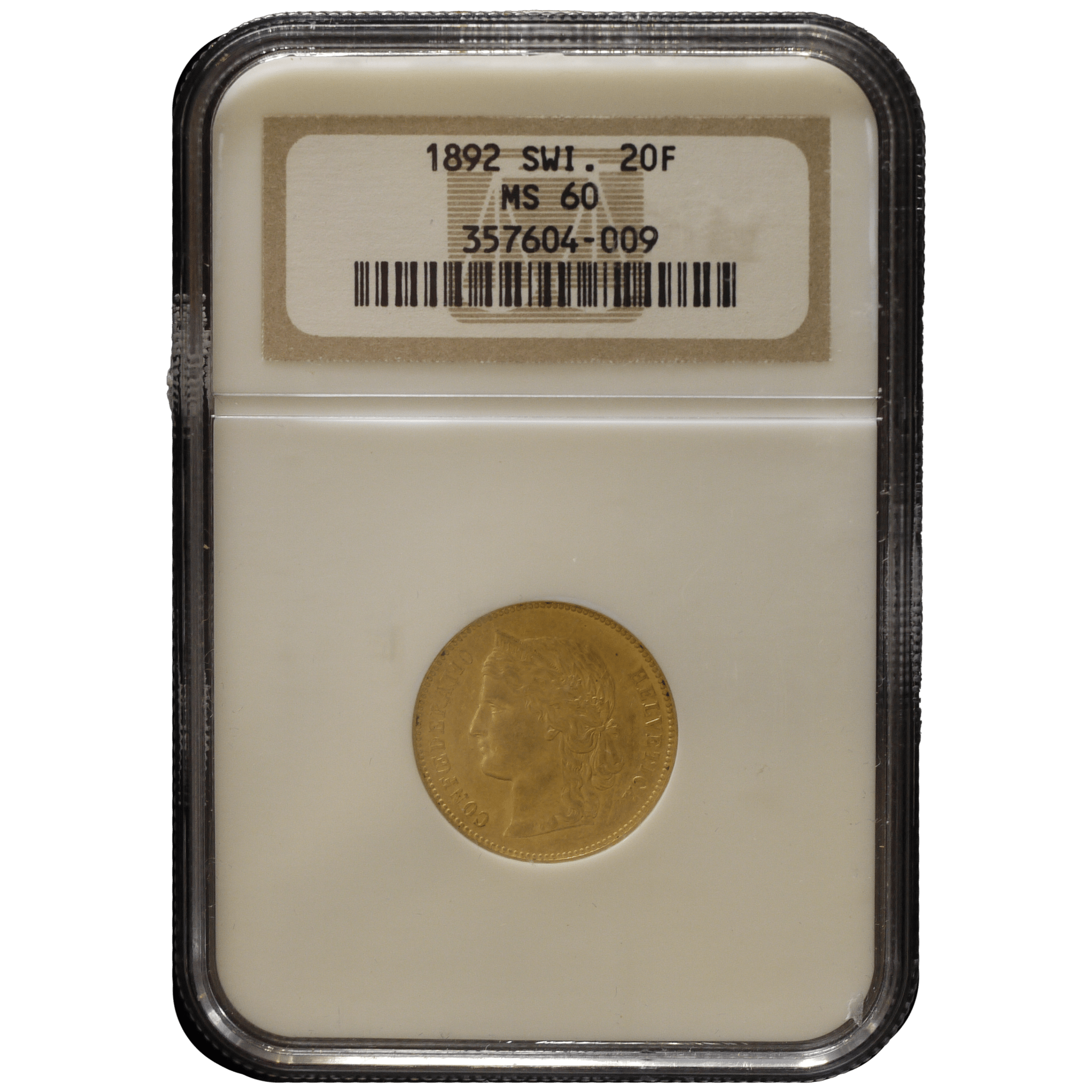 スイス 20フラン金貨 1892年 ベルン鋳 ヘルヴェティア NGC MS60｜NJ