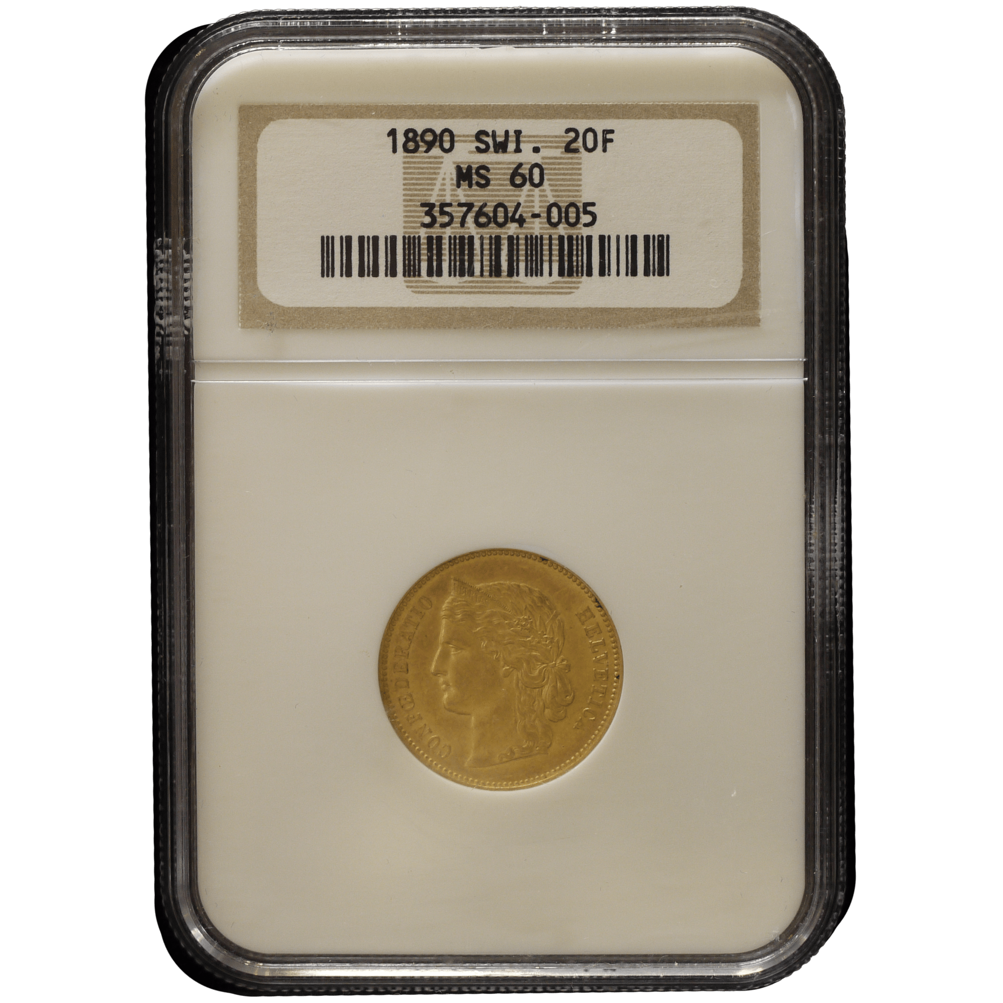 スイス 20フラン金貨 1890年 ベルン鋳 ヘルヴェティア NGC MS60｜NJ