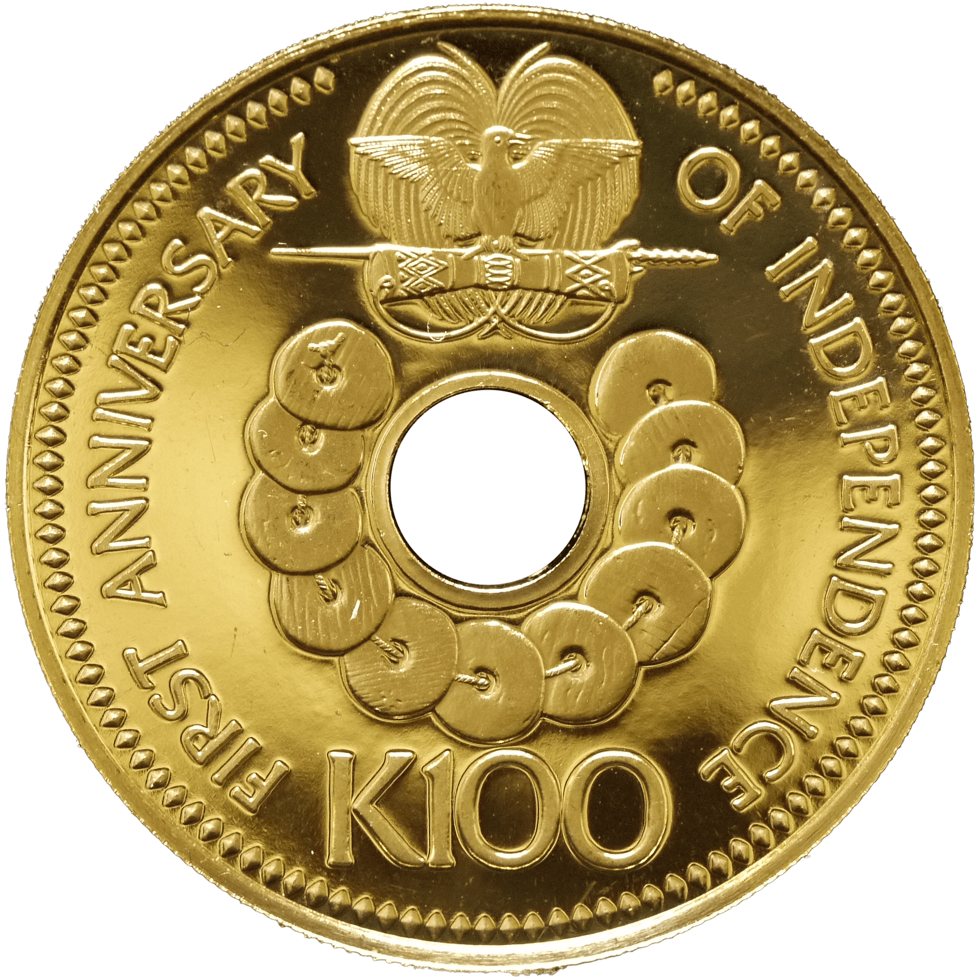 パプアニューギニア 100キナ金貨 1976年 フランクリン鋳 世界初の穴