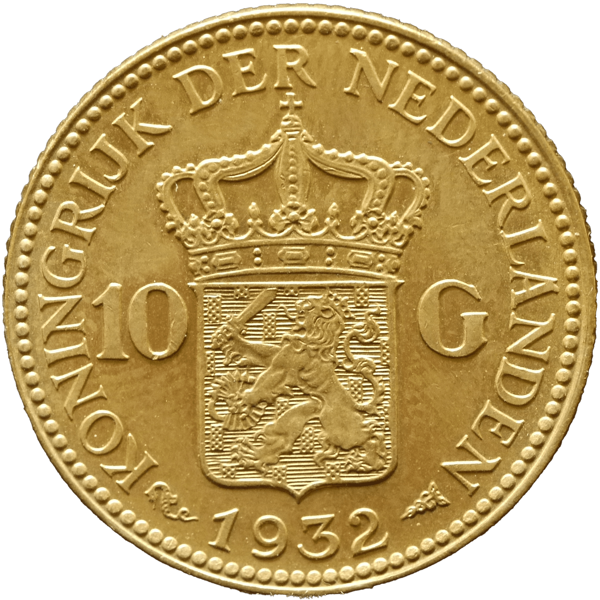 オランダ 10グルデン金貨 1932年 ウィルヘルミナ女王 第4肖像｜NJ