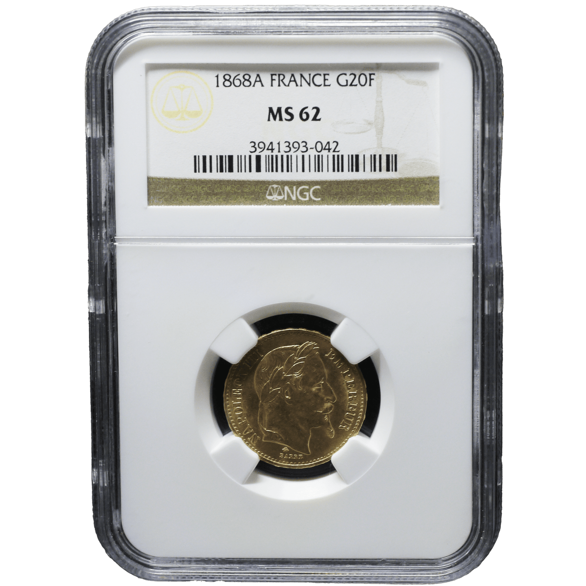 フランス 20フラン金貨 1868年 パリ鋳 ナポレオン3世 NGC MS62｜NJ 