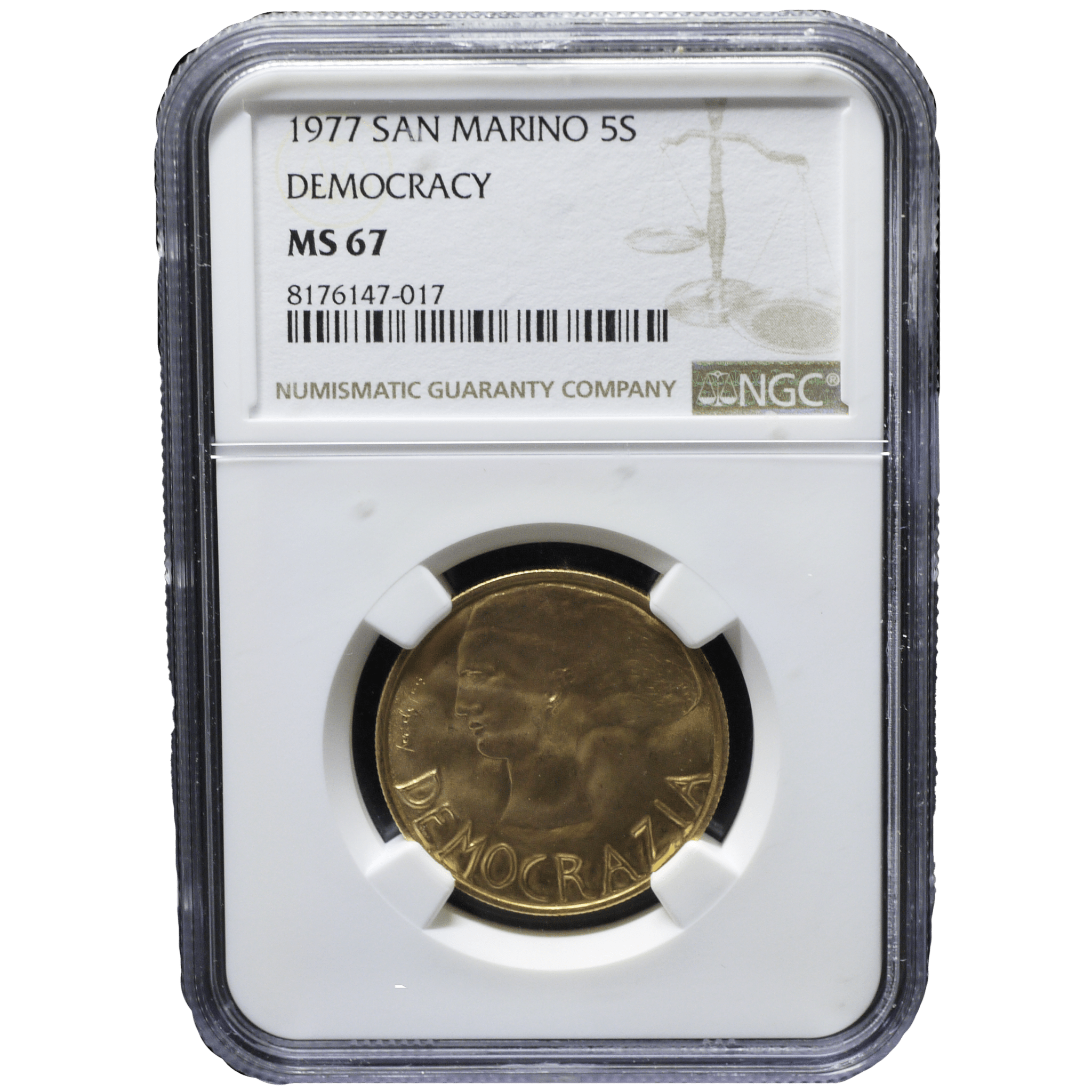 サンマリノ 5スクディ金貨 1977年 ローマ鋳 デモクラシア女神 NGC MS67 - NJ BUYER'S MARKETPLACE