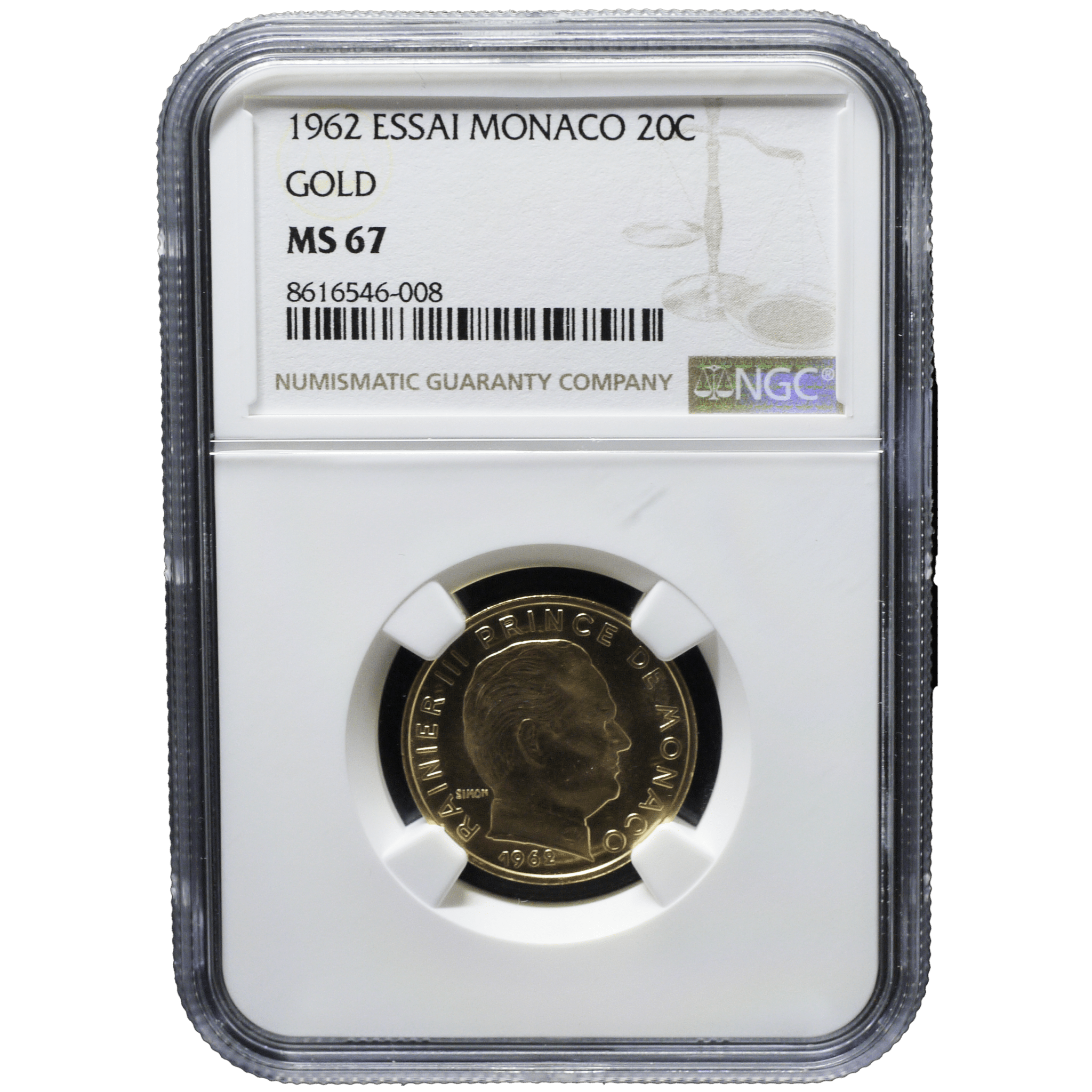 モナコ 20サンチーム金貨 1962年 パリ鋳 レーニエ3世 エッセイ（試鋳貨）NGC MS67 - NJ BUYER'S MARKETPLACE