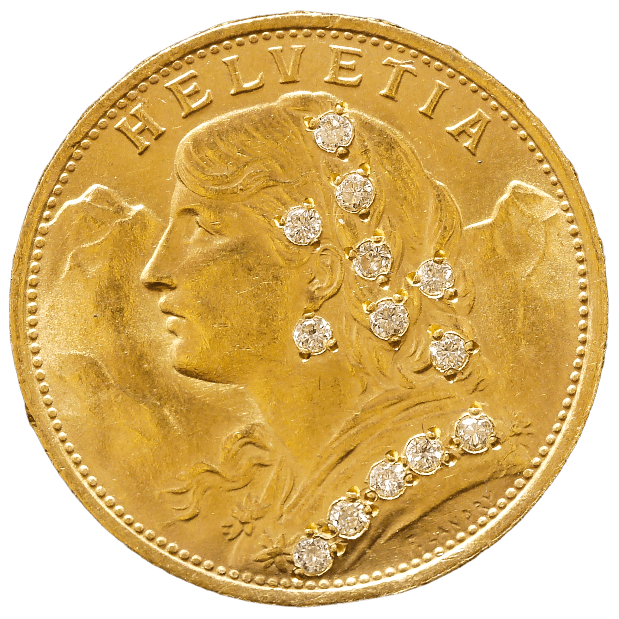 スイス 20フラン金貨 1922年 ベルン鋳 ヘルヴェティア メレダイヤ象嵌加工 - NJ BUYER'S MARKETPLACE