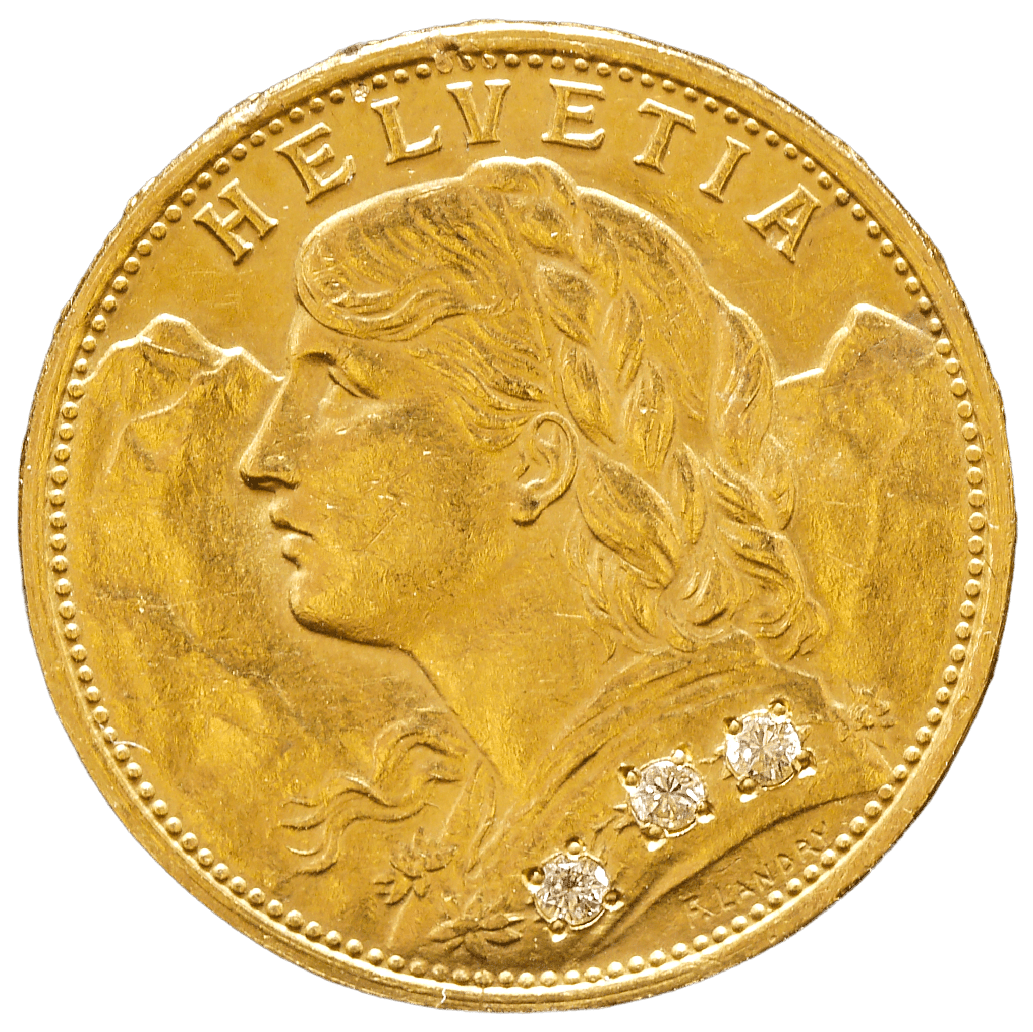 スイス 20フラン金貨 1922年 ベルン鋳 ヘルヴェティア メレダイヤ象嵌加工 - NJ BUYER'S MARKETPLACE
