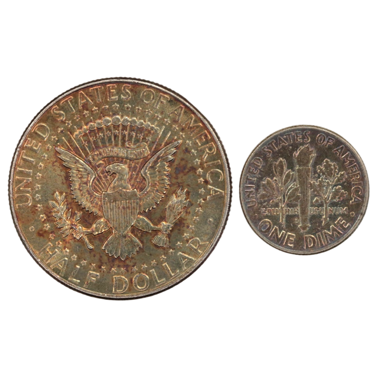 アメリカ 1/2ドル銀貨＆ダイム銀貨 2枚セット ケネディ ルーズベルト レインボートーン