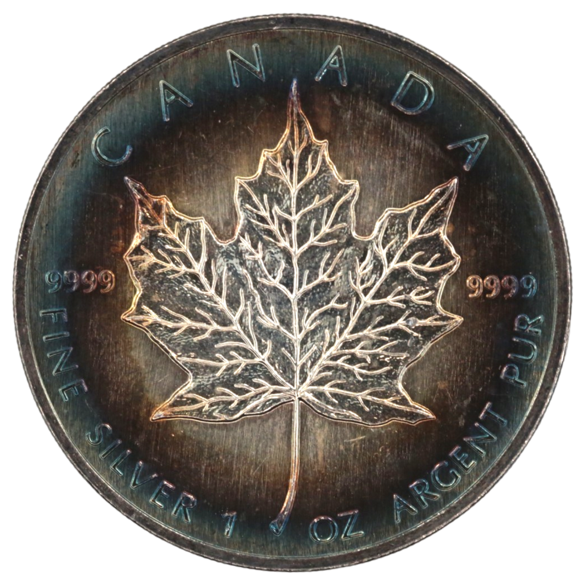カナダ 5ドル銀貨 1990年 オタワ鋳 メイプルリーフ エリザベス2世 レインボートーン