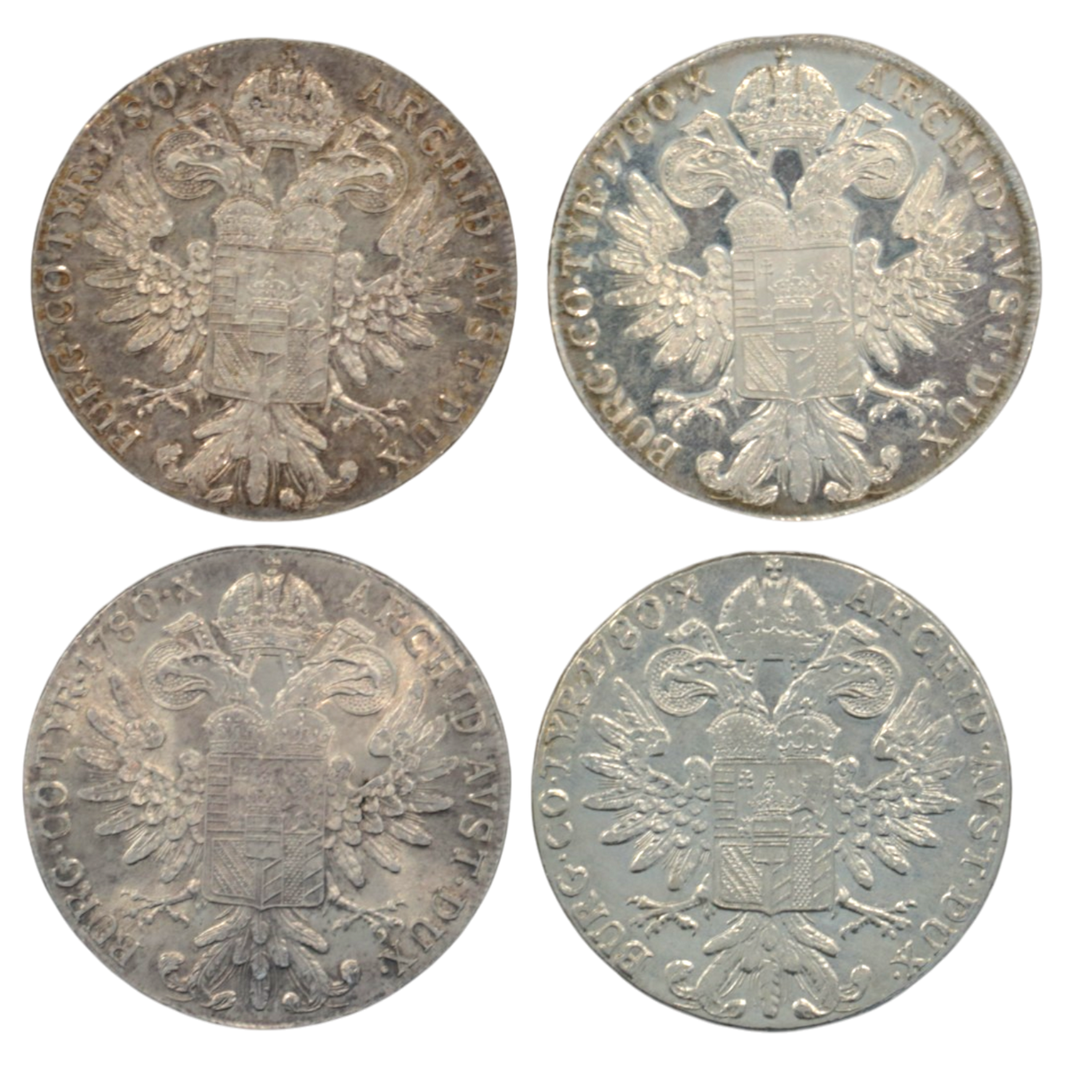 オーストリア ターレル銀貨 1780年銘 4枚セット マリア＝テレジア 双頭の鷲紋章