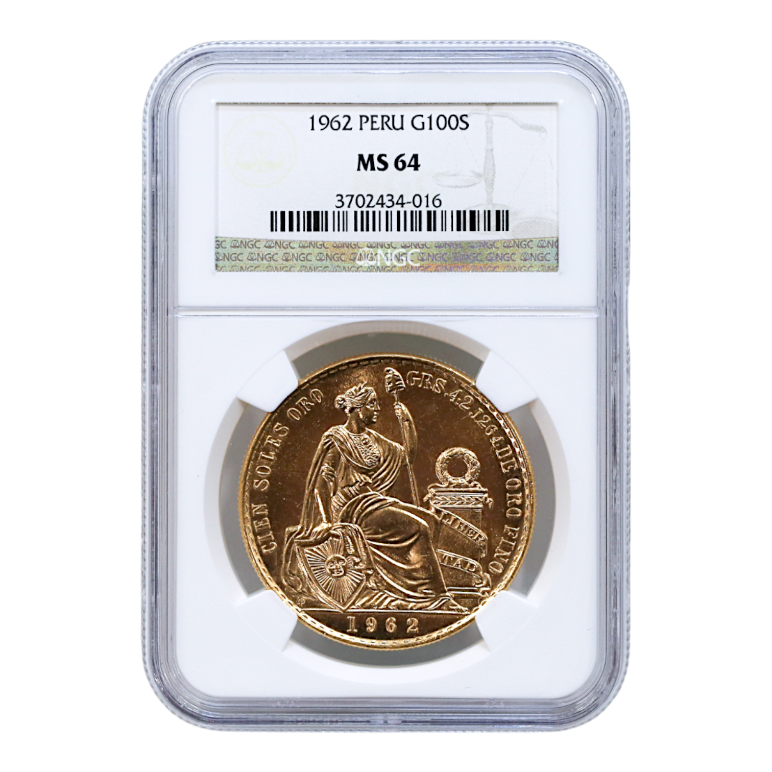 ペルー 100ソル金貨 1962年 リマ鋳 リバティ NGC MS64