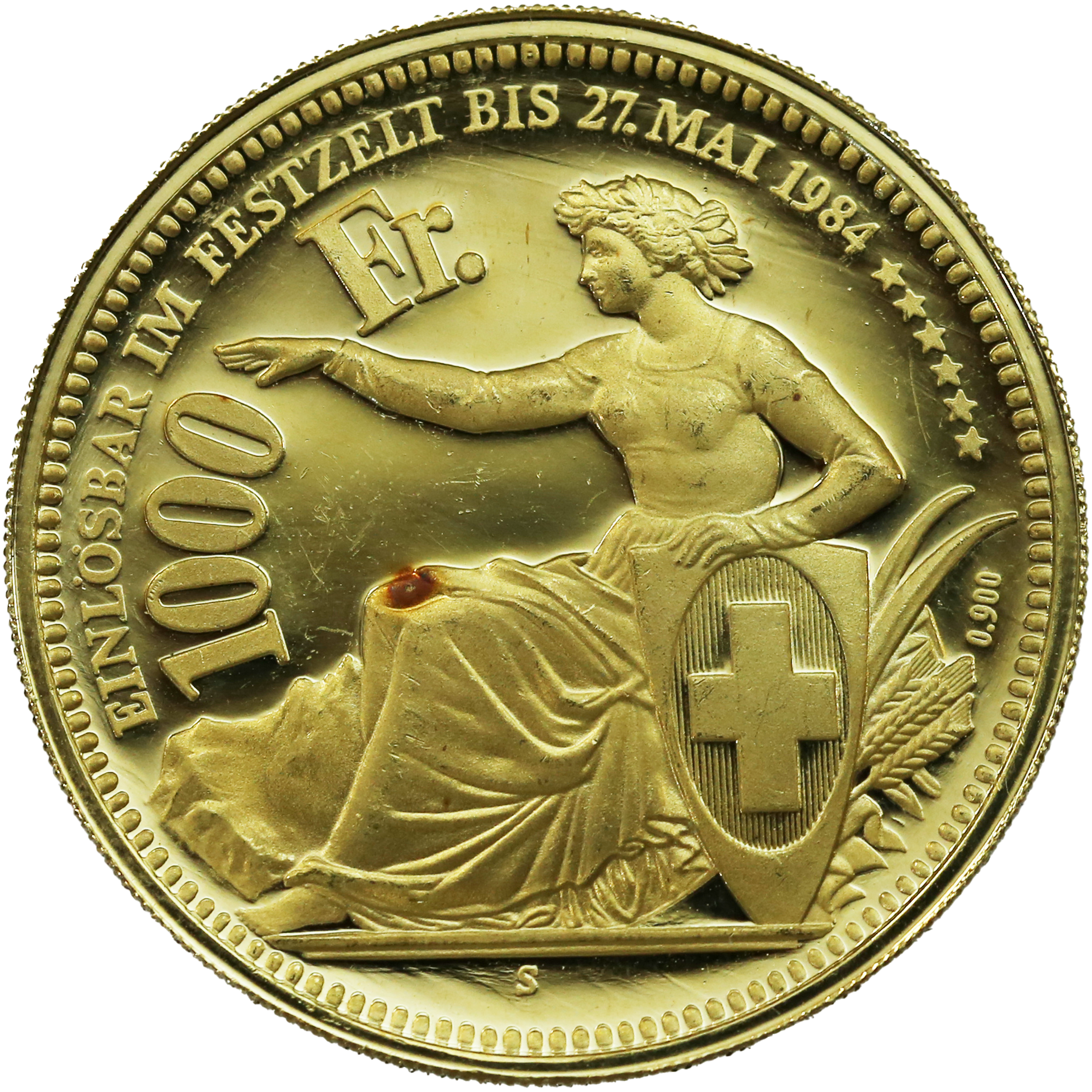 スイス 1000フラン金貨 1984年 チューリッヒ射撃祭