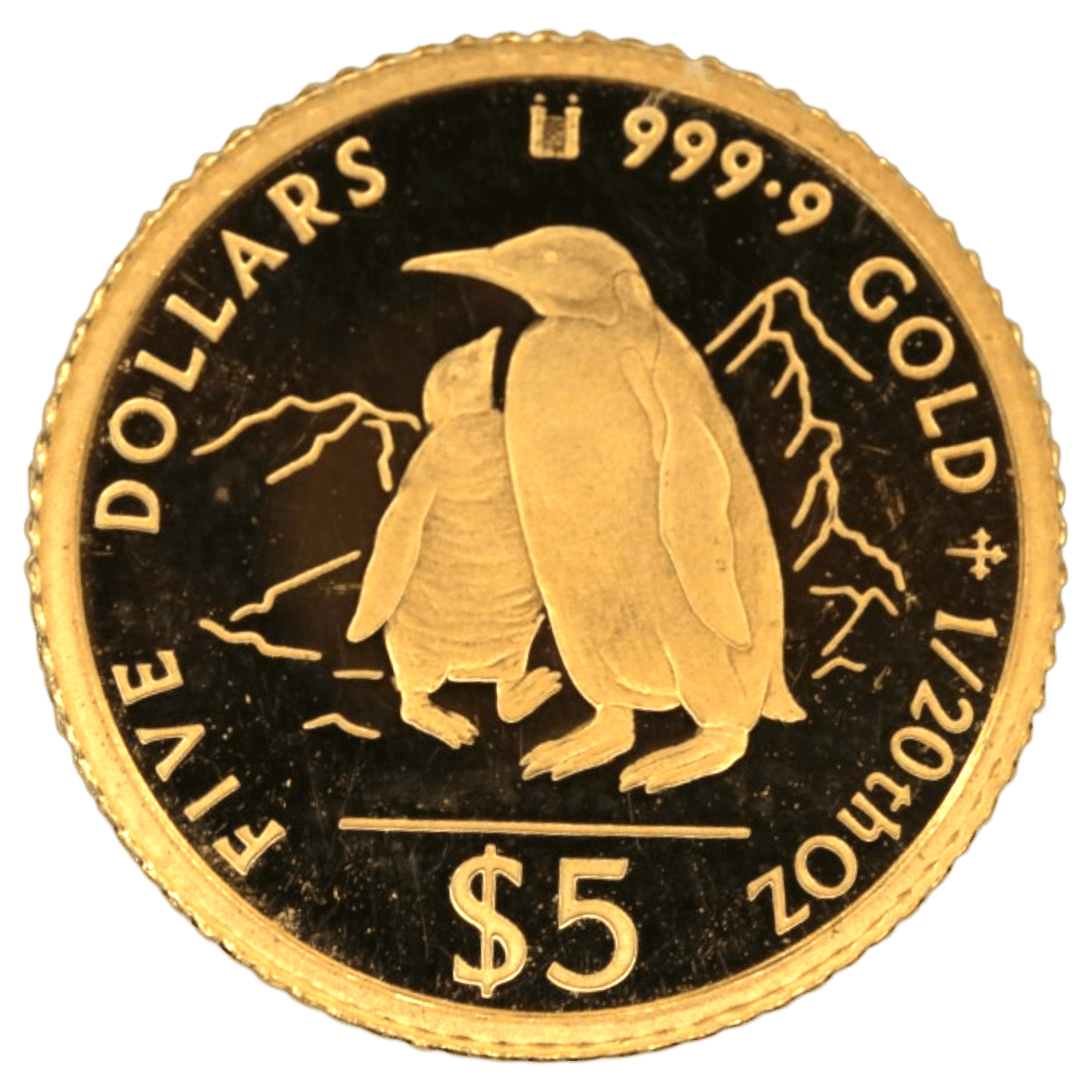 NJ BUYER'S MARKETPLACEの1994年クック島5ドル金貨。ペンギンの親子が描かれた純金製コイン。
